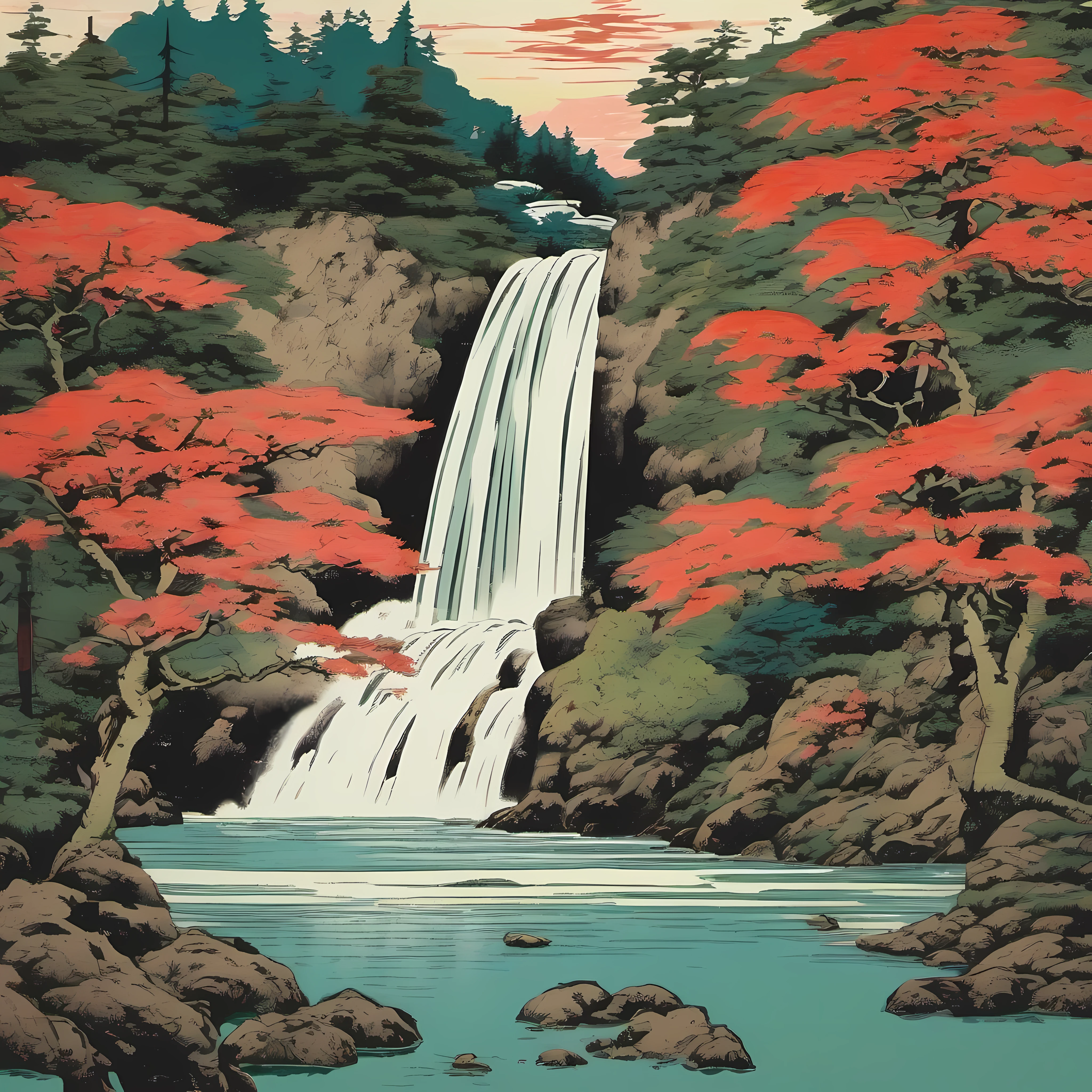 Ukiyo-e waterfall. beautiful color.