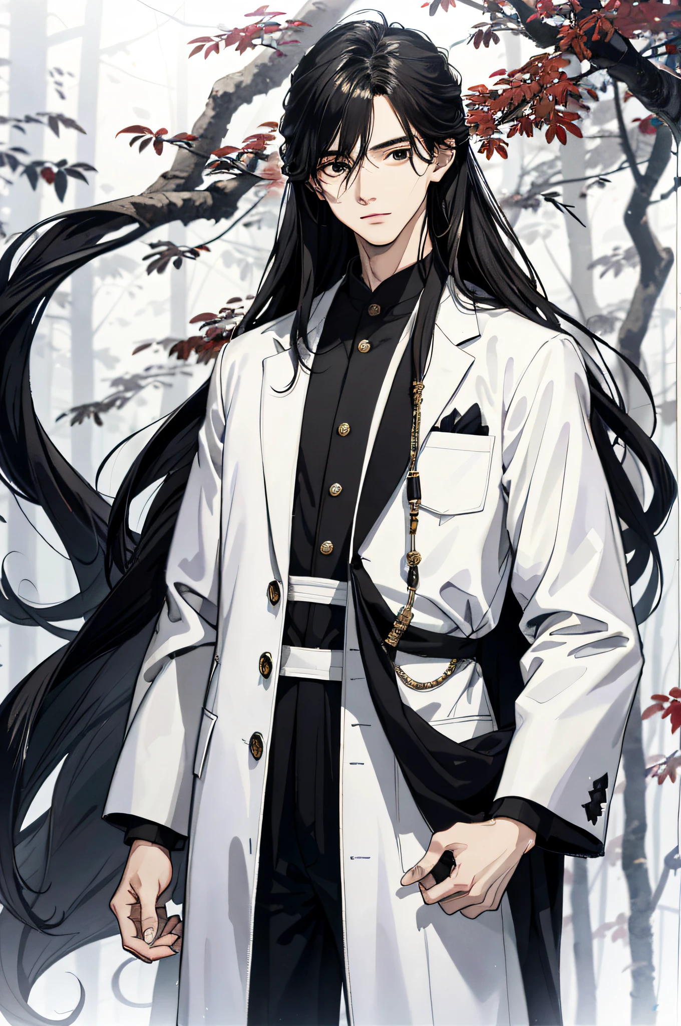 Absurd, High definition, Super detailed, Texture details, clear presentation, HD details, detail performance, Fine details, Clear face, Fix accurately, （（cabelos preto e longos））、long whitr hair、18-year-old man, Handsome, Tall,Soft smile、Slightly muscular,（Clear eyeballs）, (1 person: 1.3), handpainted, Simple lines, （An 18-year-old man wearing a white Chinese suit）, foggy forest、The upper part of the body