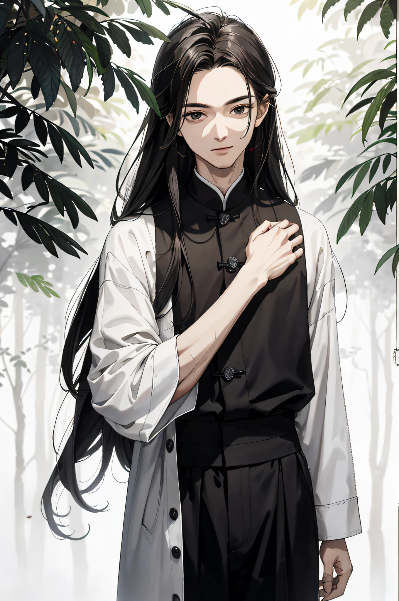 Absurd, High definition, Super detailed, Texture details, clear presentation, HD details, detail performance, Fine details, Clear face, Fix accurately, ((cabelos preto e longos))、long whitr hair、18-year-old man, Handsome, Tall,Soft smile、Slightly muscular,(Clear eyeballs), (1 person: 1.3), handpainted, Simple lines, (An 18-year-old man wearing a white Chinese suit), foggy forest、The upper part of the body