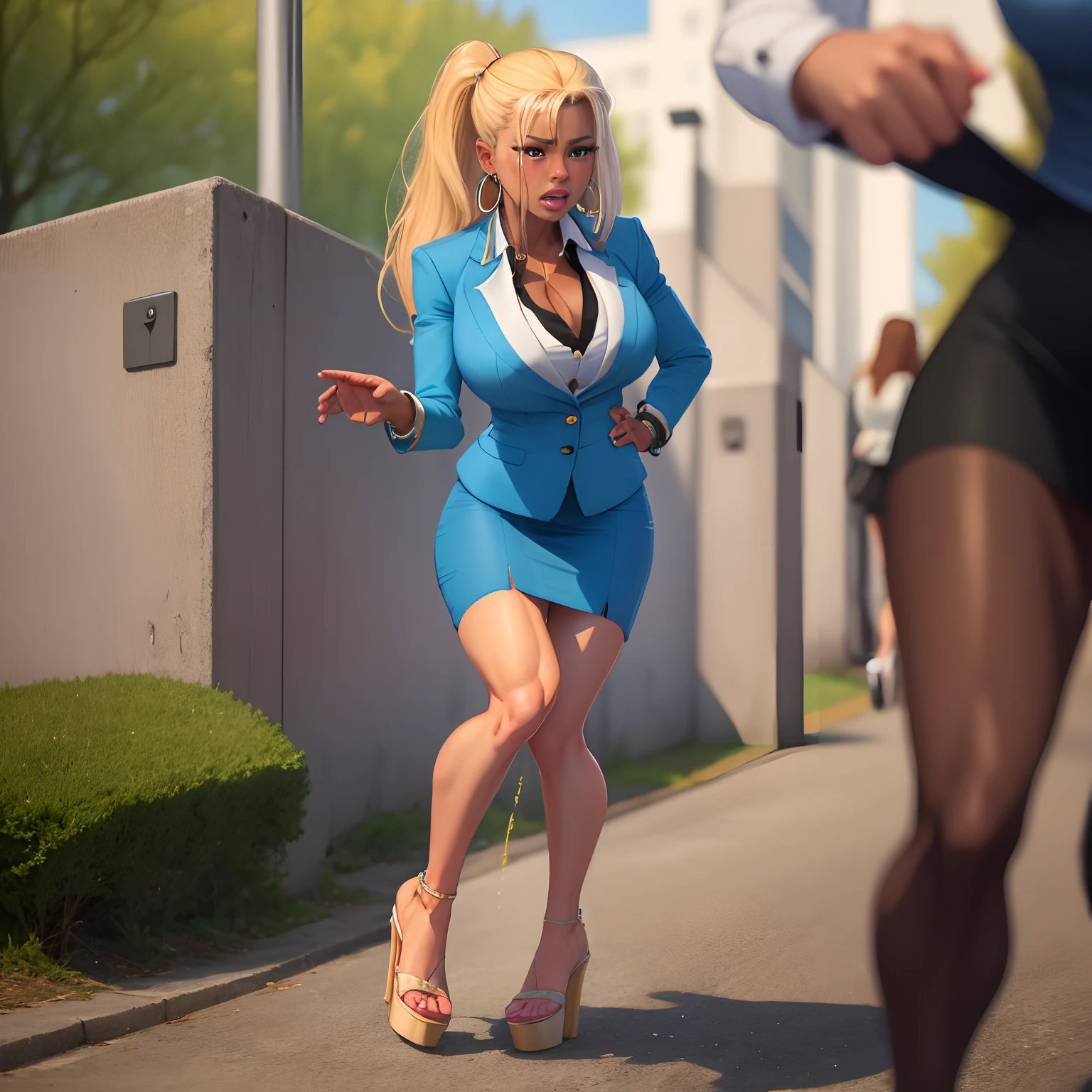 tanned Brazilian woman, dark-skinned girl, Two girlfriends, muscular legs, muscular calves, Strong legs, muscular hips, wide thighs, Curvy hips, high-heeled sandals, tights in a net, Stiletto heels, Women's business suit with a short skirt, large ring earrings, He really wants to pee, running through the park, Leg by foot, wants to pee, desperately wants to pee, wants to urinate, An expression of shame on his face, confusion, crying, He pinches the crotch with his hand, Palm on stomach, crumples the hem of the skirt with his hands, Knees clenched, Hips clenched, Tense posture, bites his lower lip, full bladder, terribly wants to go to the toilet, anatomically correct, Realistic,