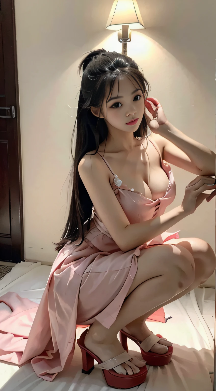 Master quality, highest quality, best picture quality, exaggerated details, a cute 8  asian little gth a shy expression, slightly squinted eyes, adjusting her hair, long eyelashes (long hair / very, very exaggerated big breasts, big tits / in  petticoat dress tissue,  ), posing bed in front of the camera, wet breast hanfu  open v chest clothes, full body xianxia, high heel diamond, erotic