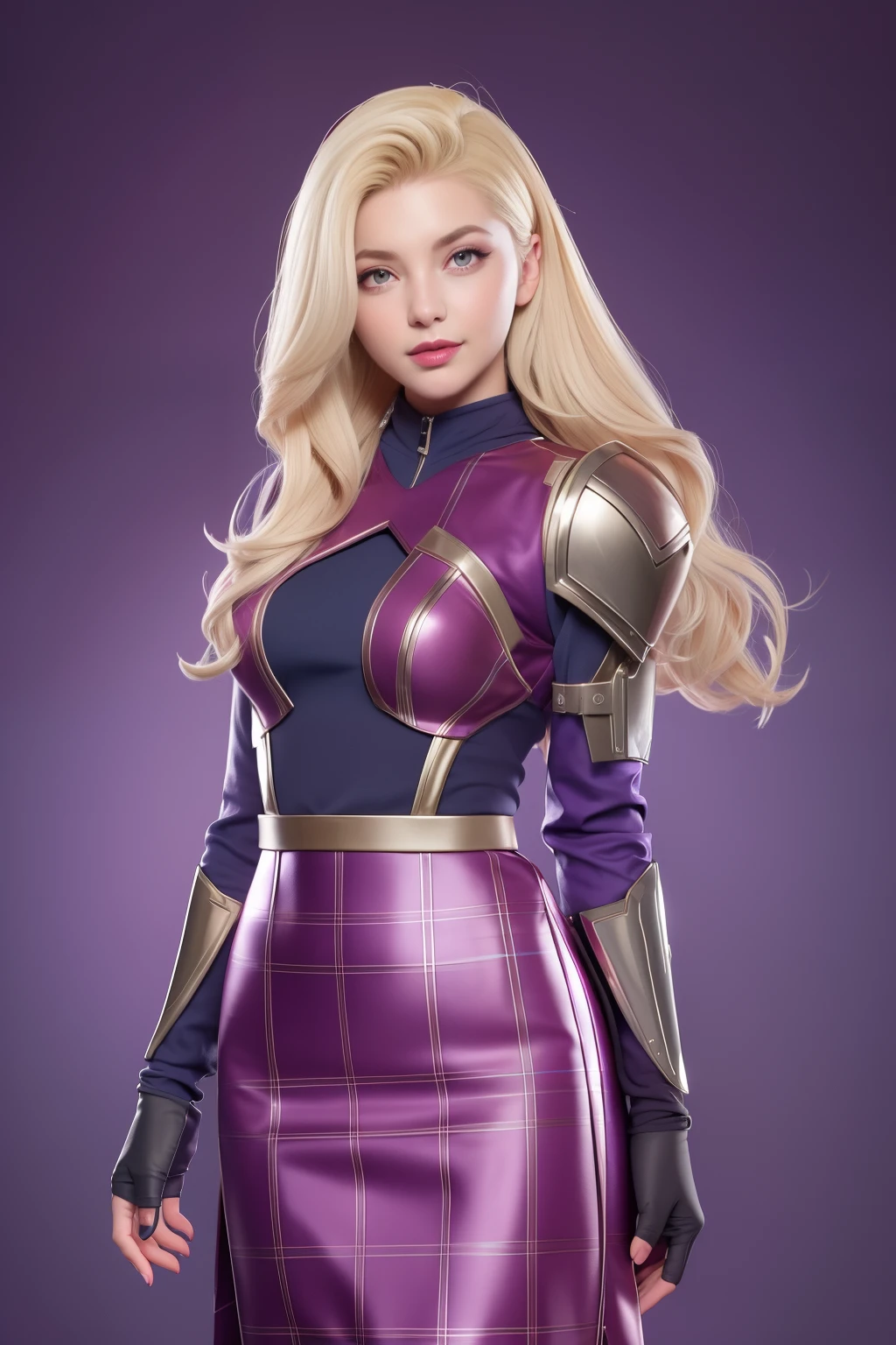 Beautiful Face Woman、a blond、purple backdrop、 Beautuful Women、18year old、prety woman、hyper realistic photography、High-definition photos、red lipsticks、Mandalorian Style Metal Armor Skirt Suit、The skin is not very exposed、Do not cut your head off the screen、skirt by the、Tartan check、Purple、Facing the front