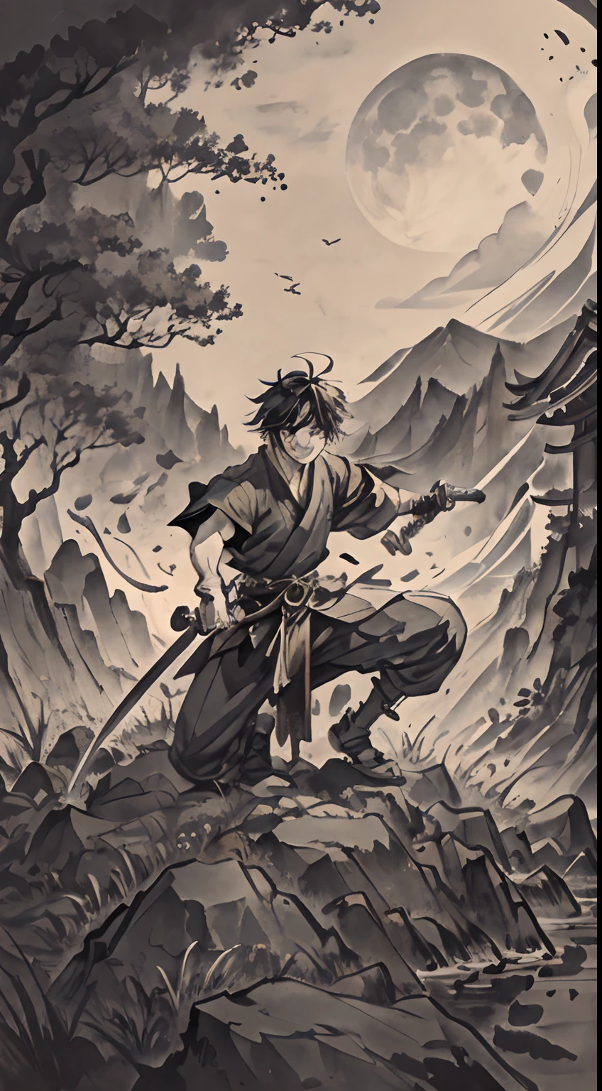 night time, Hills, Clouds, full moon, hairlong, Boy with a sword, jumps on stones, Foreshortening, Face detailing, The young man smiles, holds the katana by the sheath, Fireflies, samurai of the Sengoku period, Hatchet