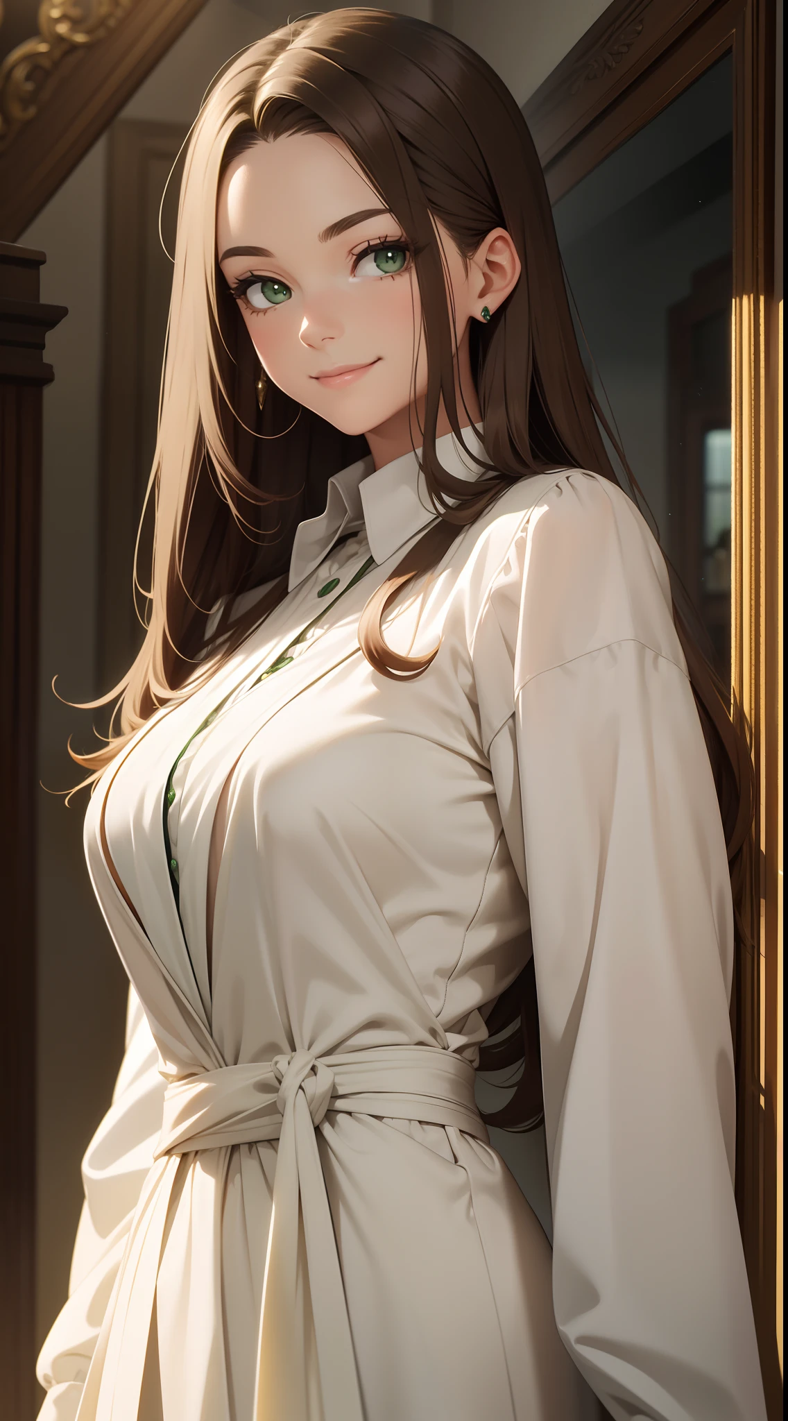Adult woman, Long brown hair, Green eyes, White formal wear, pomade, Smile, Masterpiece, hiquality