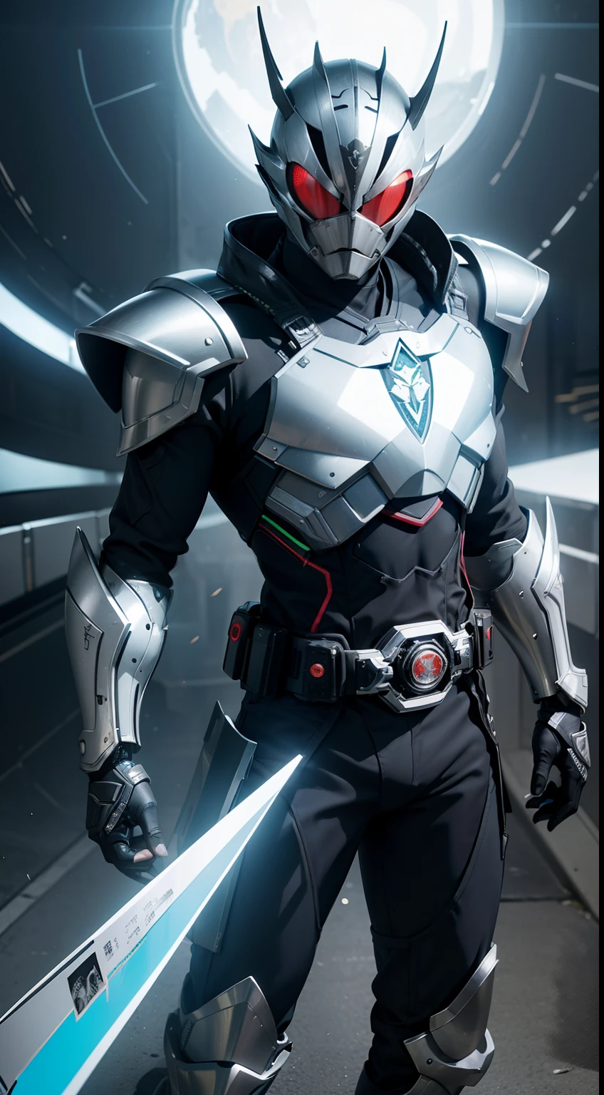 8K、Crisp Contours、Soio、cyberpunked、Near future、Mechanic Hero、Superhero、Hero Suit、tokusatsu hero、Kamen Rider、rifle、Heisei Rider、Reiwa Rider、Transformation Belt、The makeover belt has a card insert.、Kamen Rider transforming with cards、Mechanic helmet、Mechanical Armor、Stylish、action、full body Esbian、From head to toe、Make your makeover belt stand out、Possession of the cardholder、Pose with card、Large compound eyes、Two tactile sensations、Jagged jaw parts、full face helmet、Eyes and belt shine、Kamen Rider cards scattered in the background、The motif is grasshopper、Silver metallic、The sheen、Plating、silver、knight、armor、Digital Armor、Holding a Kamen Rider card in your hand。