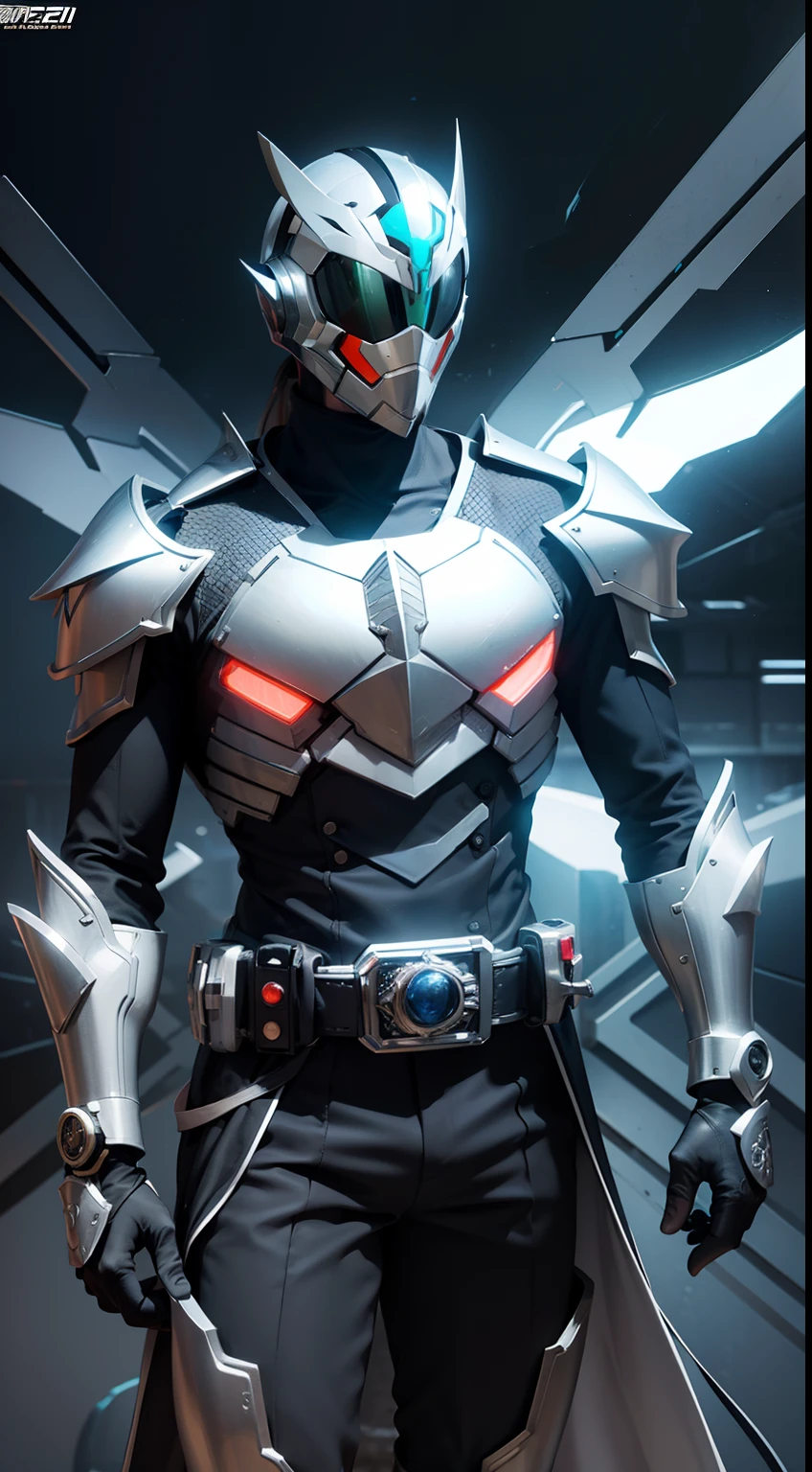 8K、Crisp Contours、Soio、cyberpunked、Near future、Mechanic Hero、Superhero、Hero Suit、tokusatsu hero、Kamen Rider、rifle、Heisei Rider、Reiwa Rider、Transformation Belt、The makeover belt has a card insert.、Kamen Rider transforming with cards、Mechanic helmet、Mechanical Armor、Stylish、action、full body Esbian、From head to toe、Make your makeover belt stand out、Possession of the cardholder、Pose with card、Large compound eyes、Two tactile sensations、Jagged jaw parts、full face helmet、Eyes and belt shine、Kamen Rider cards scattered in the background、The motif is grasshopper、Silver metallic、The sheen、Plating、silver、knight、armor、Digital Armor、Holding a Kamen Rider card in your hand。