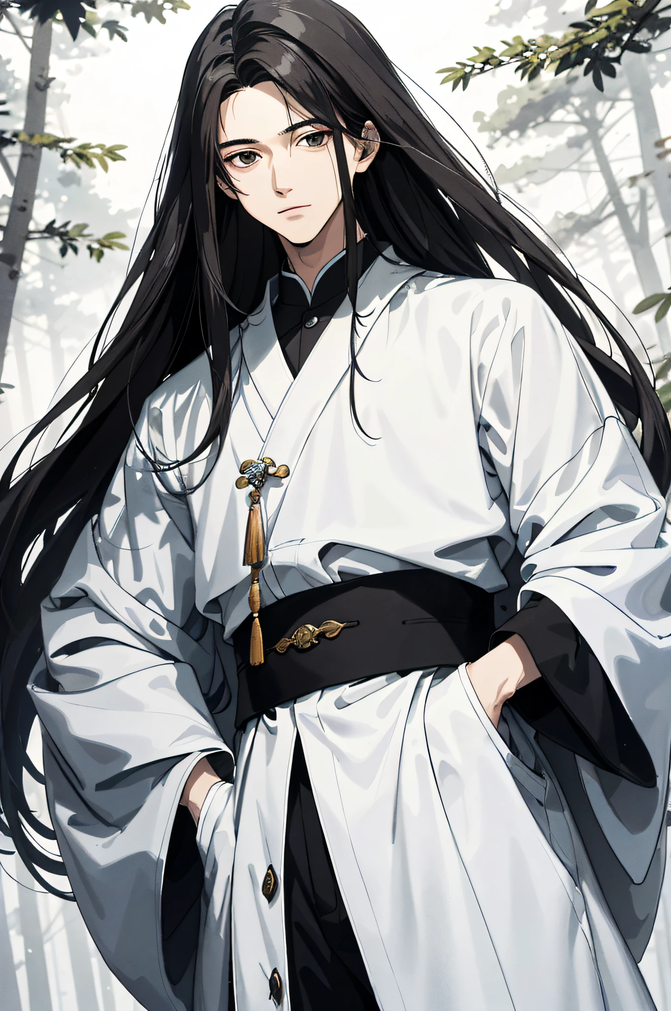 Absurd, High definition, Super detailed, Texture details, clear presentation, HD details, detail performance, Fine details, Clear face, Fix accurately, ((cabelos preto e longos))、long whitr hair、18-year-old man, Handsome, Tall,Soft smile、Slightly muscular,(Clear eyeballs), (1 person: 1.3), handpainted, Simple lines, (An 18-year-old man wearing a white Chinese suit), foggy forest、The upper part of the body