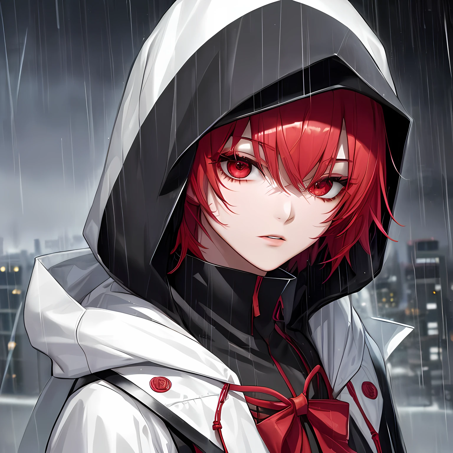 kk, Best quality, More details, Mastery, 1boy, kaneki ken, Portrait, Male focus, Red eyes, Solo, bangs, view the viewer, Hood, Short hair, rain, tokyo tokyo \(City\), hijabi sluty,Nail polishing,whaite hair,luxury goods,8K,the detail,Ray traching,depth of fields,电影灯光,head portrait,closeup of face