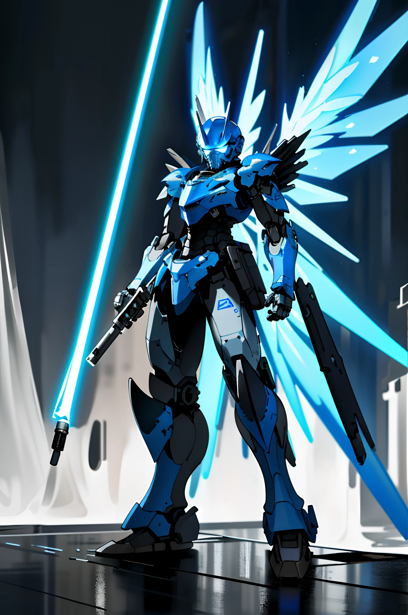 Blue and white mech battle forging，Surrounded by a dark background，High-tech armor shines，Mechanical wings，Powerful lightsaber in hand，Standing posture