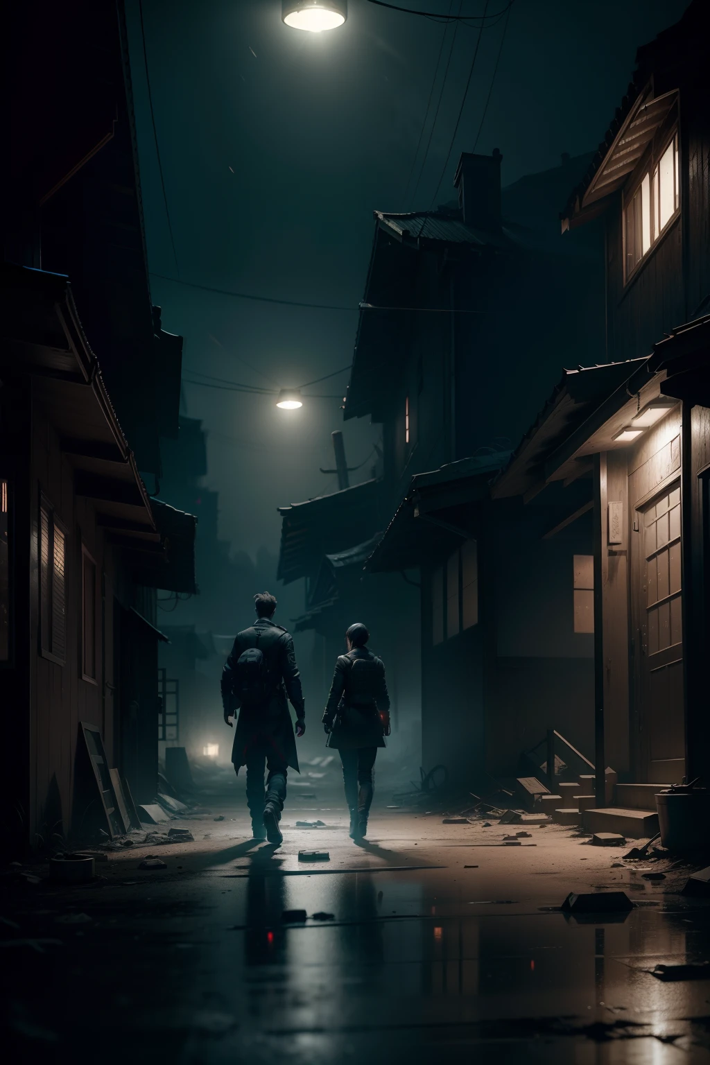 Ryan Gosling and Ada Wong in an abandoned northern village, Unreal Engine 5, Lumen ray tracing, RTX, 3D-shaded, (horror), (abandoned village background), ((desaturated colors)), night, (deep black), (spotlight), (dramatic lighting), eerie, detailed