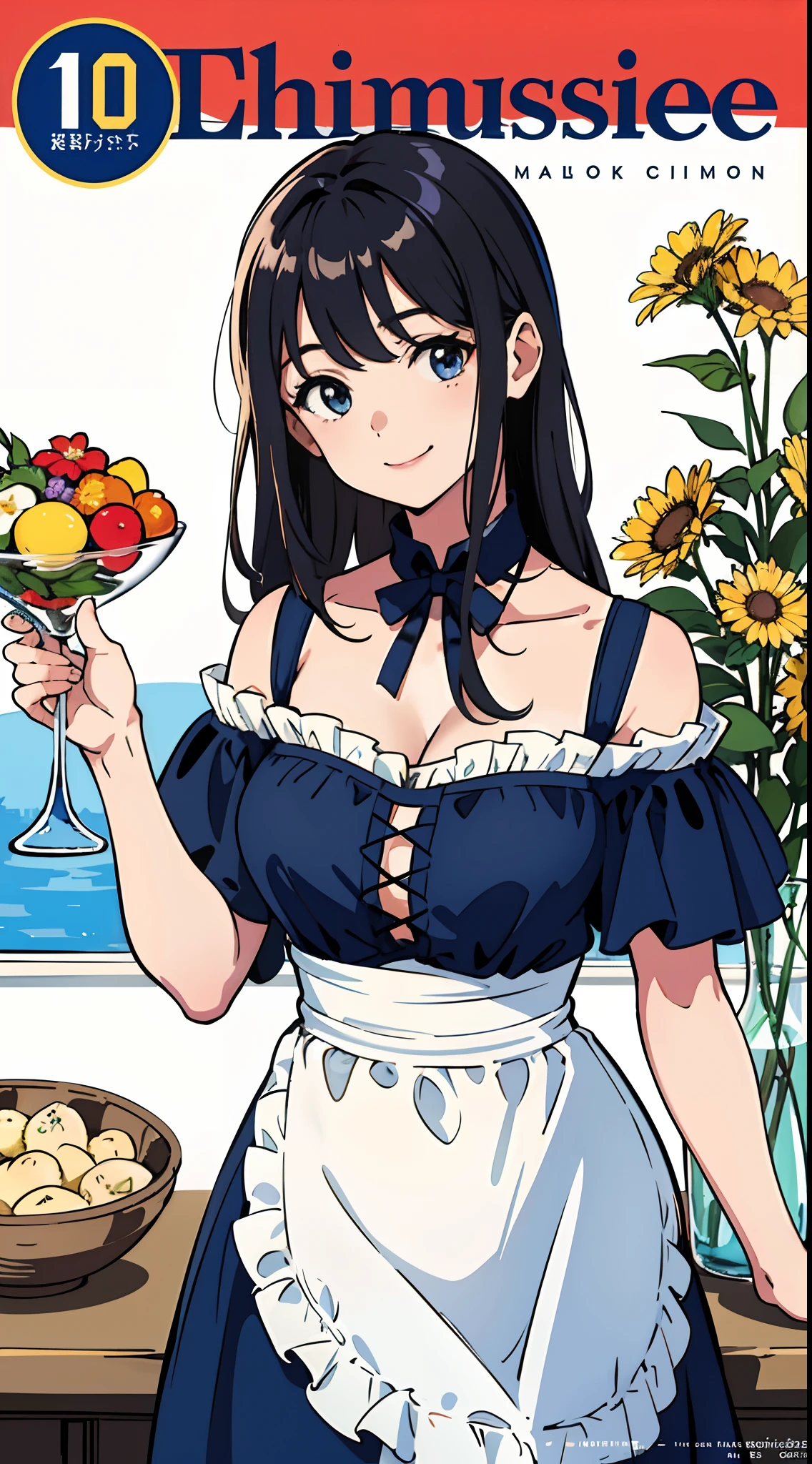 (Best quality, Masterpiece), Women's Culinary Magazine Cover, 1girll, 10years old, Amazing, adolable, A heartwarming smile, Hourglass figure, Wear floral dresses, aprons, delicacies, charact, schematics, ads, magazine title,cleavage,Off-the-shoulder attire