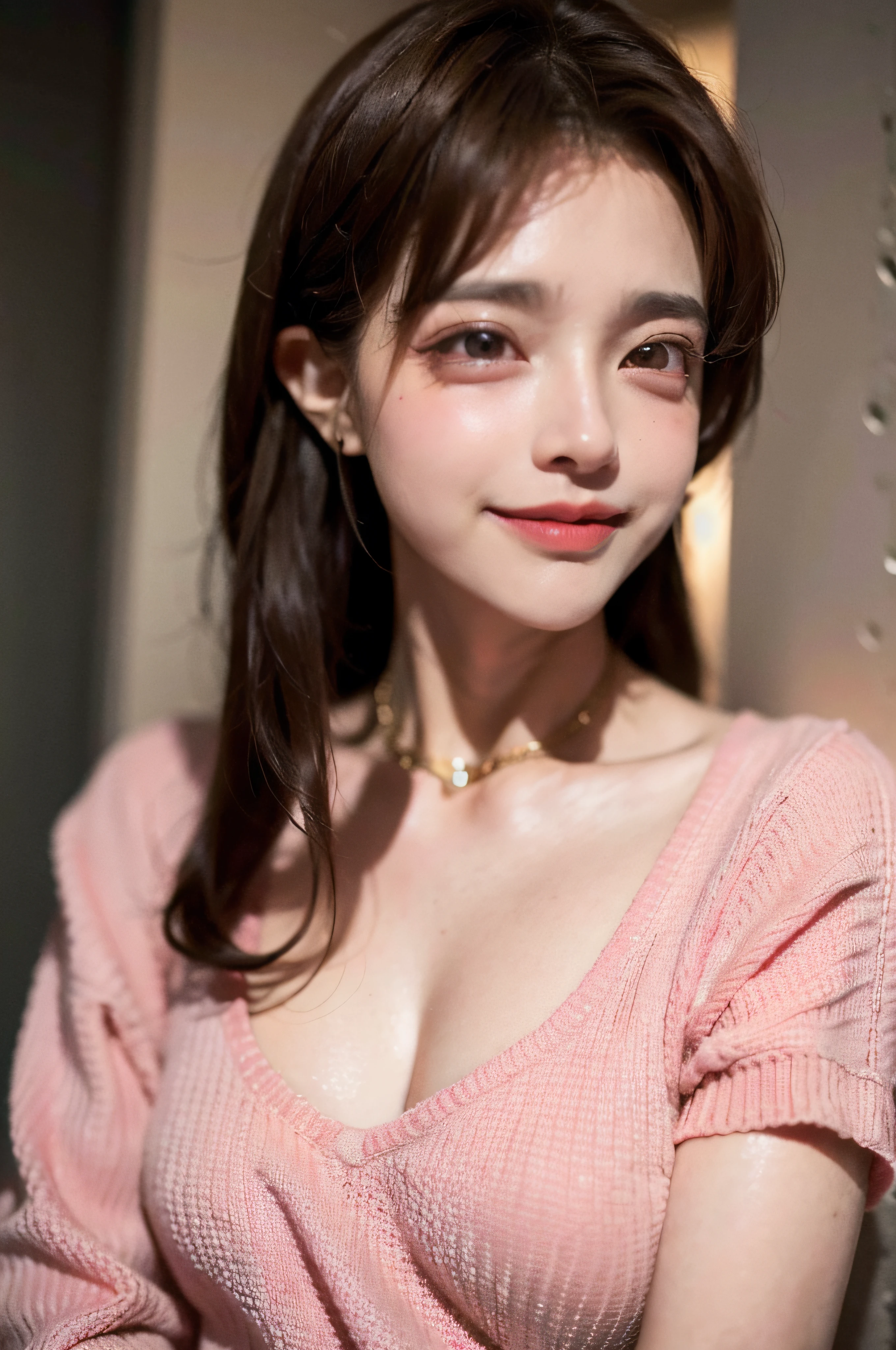 ((Night, Realistic Light, Best Quality, 8K, Masterpiece: 1.3)), 1girl, Slim Beauty: 1.4, Abs: 1.1, (Brown hair, Medium breasts: 1.3), Long pink sweater: 1.1, Bathroom, Super fine face, Delicate eyes, Double eyelids, smile, necklace