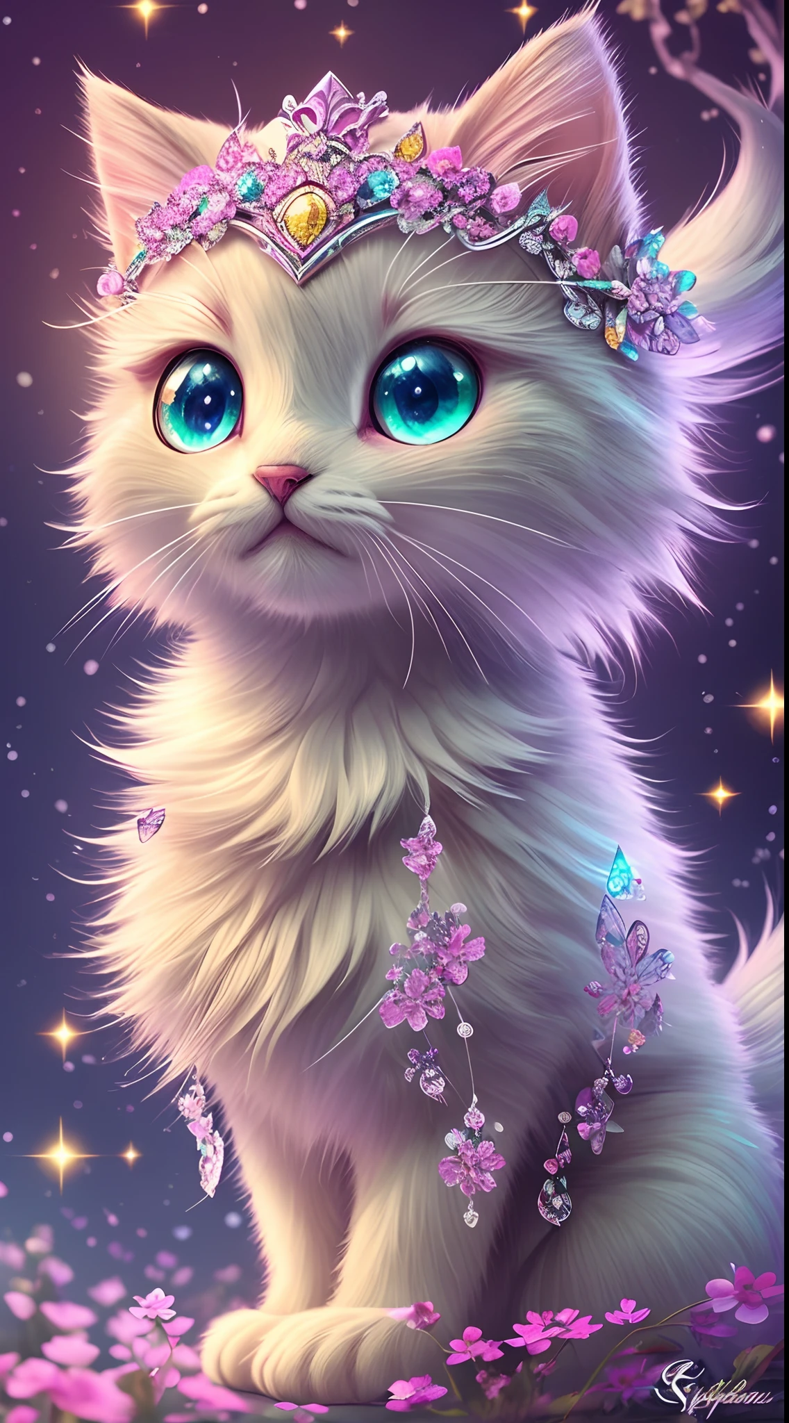 side view, oversaturate, colorfully, Fairytale, dreamlike, Cinematic character render, oil painting, 3D, 8k resolution, sequins, glitter, sakura forest, moonlight, Close up Portrait adorable chibi kawaii anthropomorphic kitten king, Detailed eyes, large round reflective eyes,