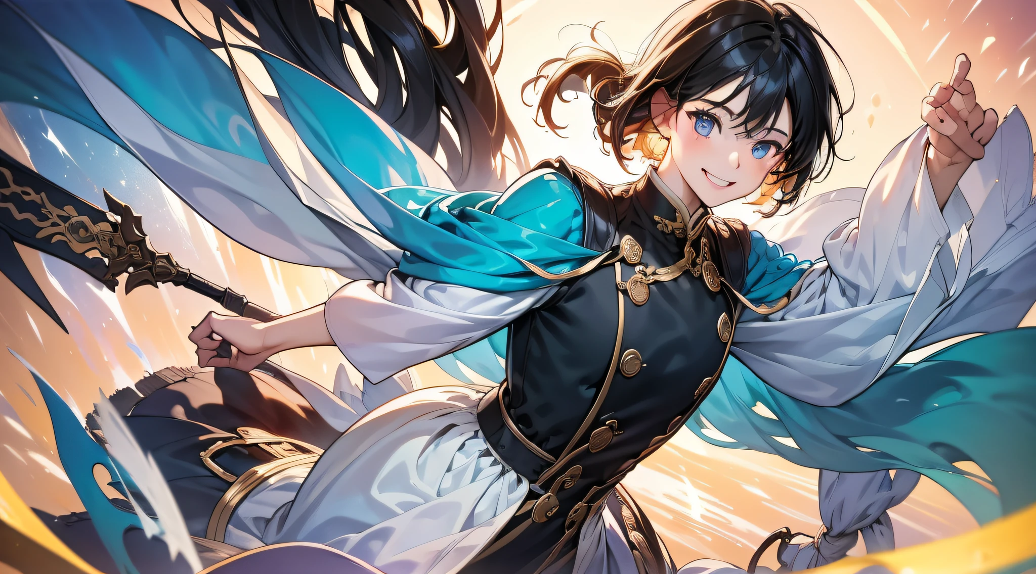 in 8K、top-quality、masterpiece:1.2)、1人の女性、(Smiling smile:1.1)、beautidful eyes、Valley、The upper part of the body、length hair、Like a boy、poneyTail、Gold View、