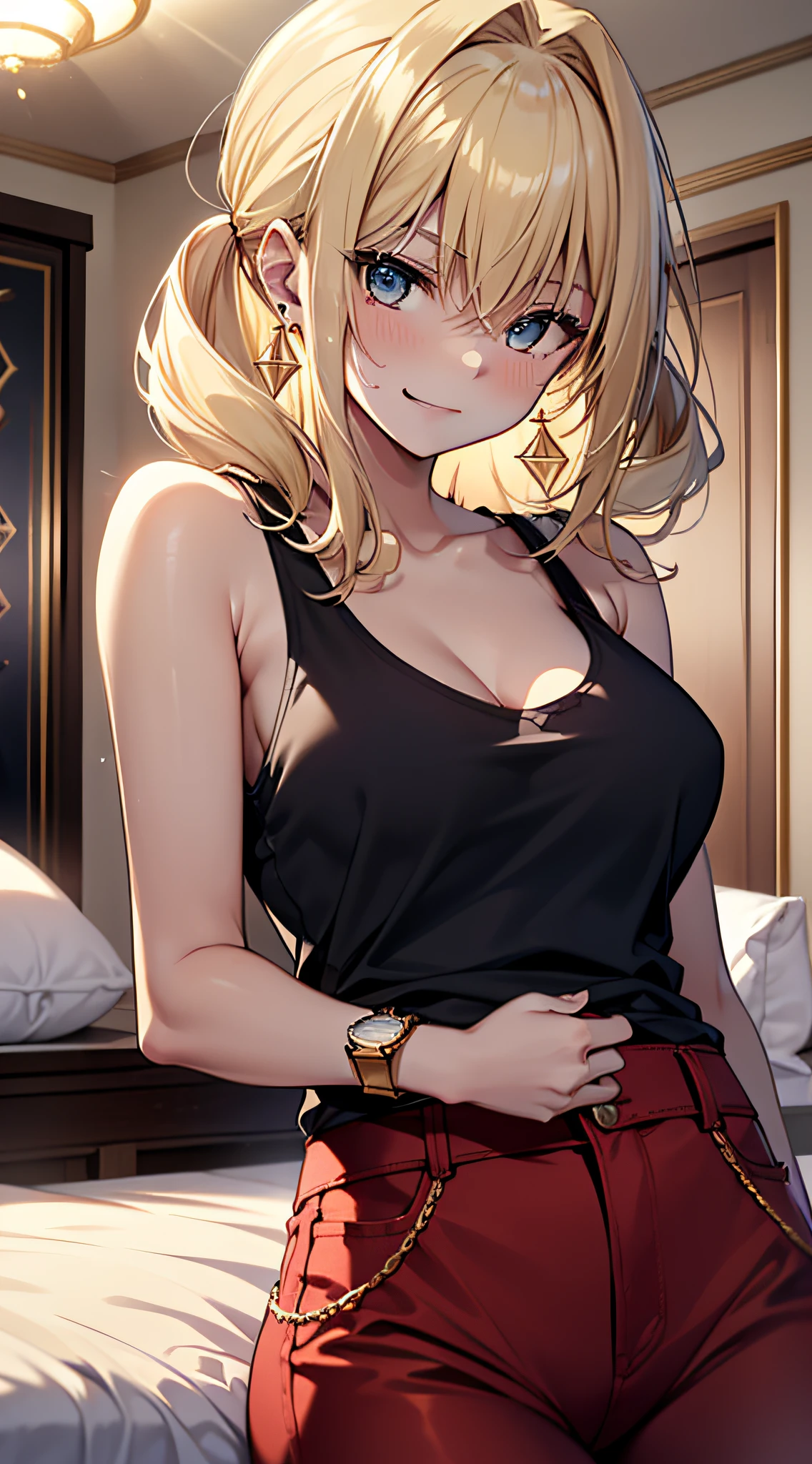 top-quality、top-quality、femele((17 age、Americana、cute little、a blond、poneyTail、sweating、Black tank top、Red pants、big bast、Bust 95、A slight smil、Breasts wide open、Reflecting the whole body、Gold Earrings、wrist watch、A slender、laying on back、Happiness)),hiquality、depth of fields、Background with((Blue Hotel Room、a bed))、