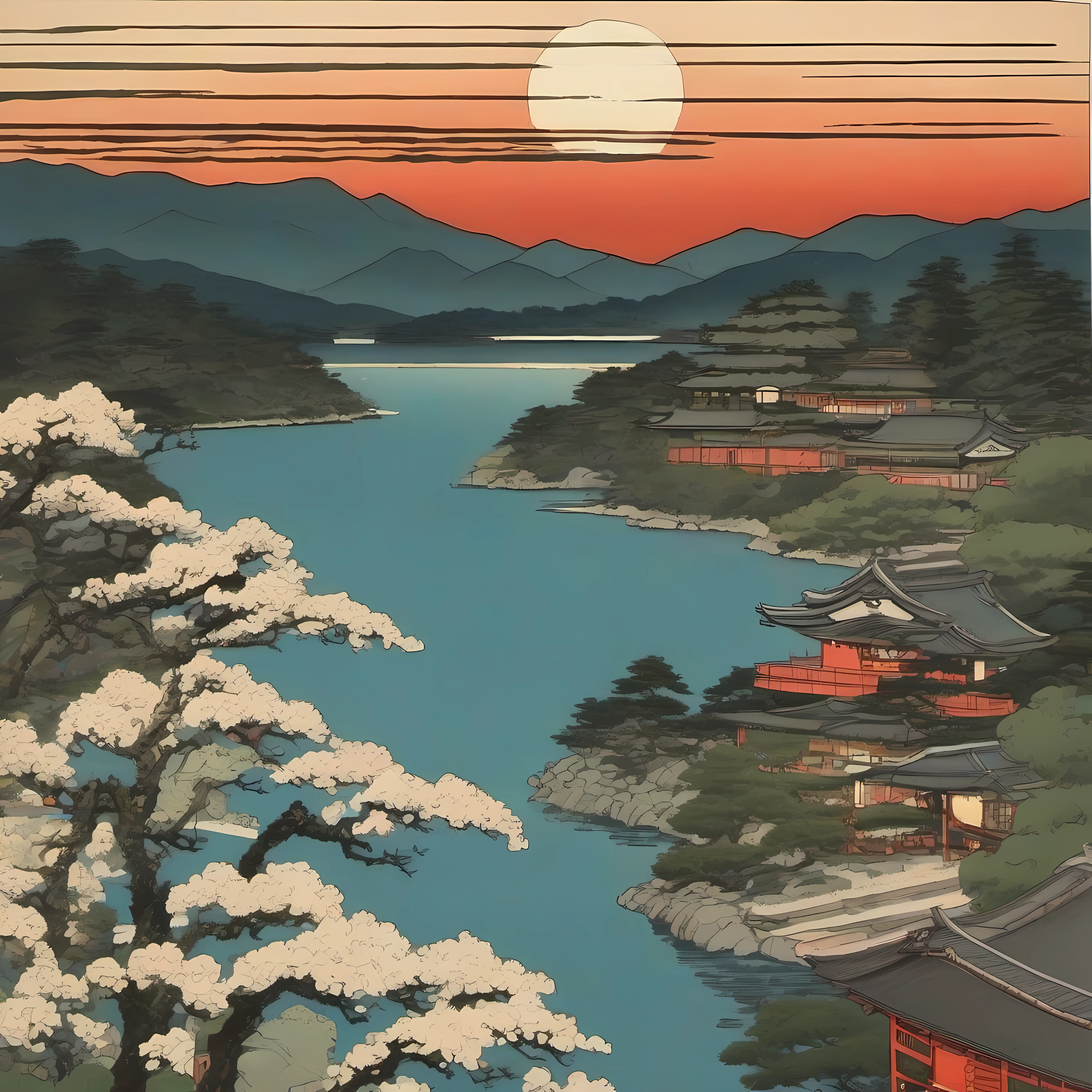 Ukiyo-e river. beautiful light.