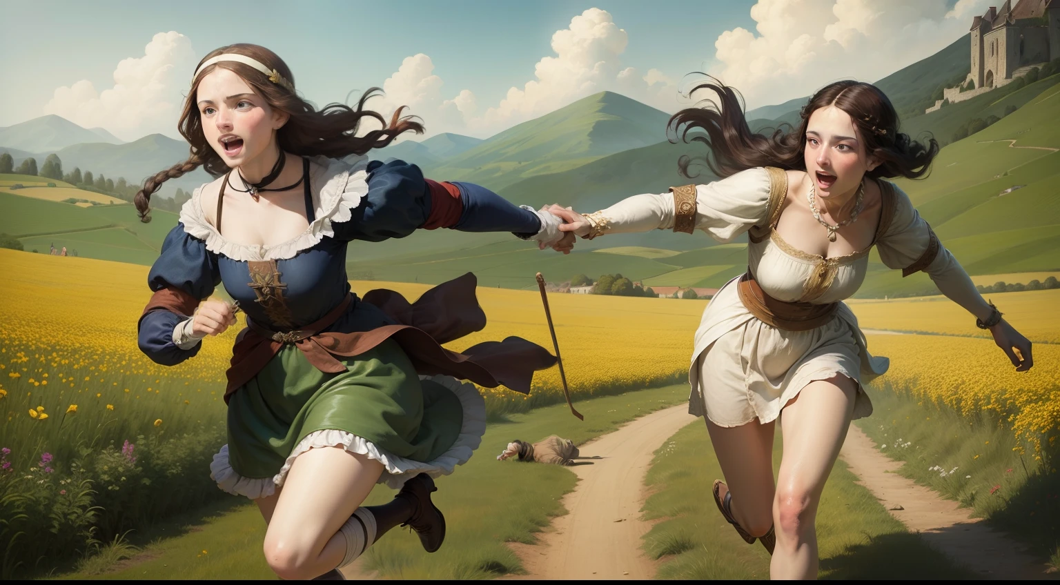 Renaissance painting of the Middle Ages with the 2 medieval women from the previous image running and having fun in a flowery field
