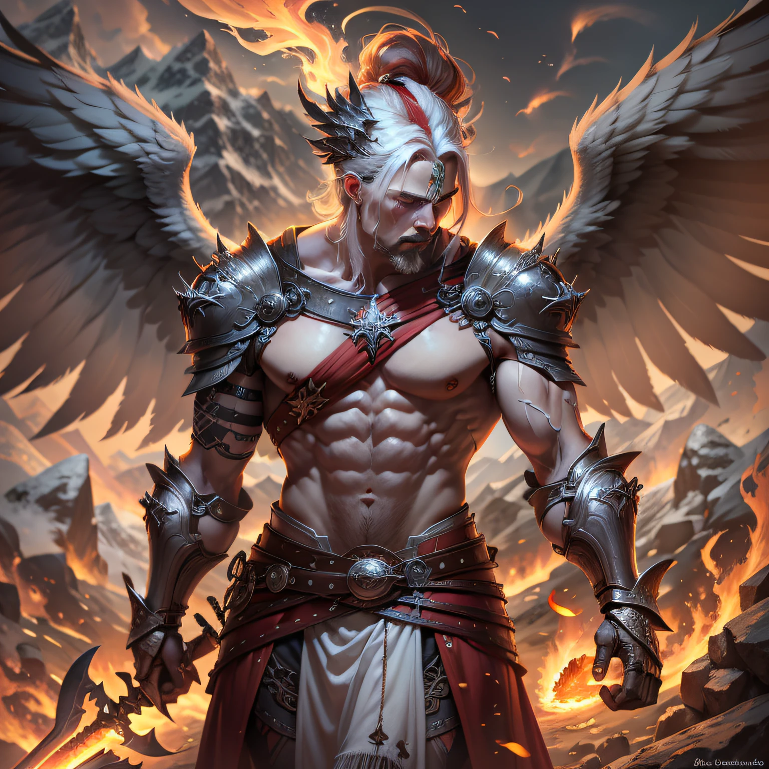 foto ultra realista homem anjo guerreiro, Terrible countenance , asas douradas, strong muscles, Fire sword in hand, mountainous region, octane rendering, 16k UHD, high details, super detail, best quality, 8k