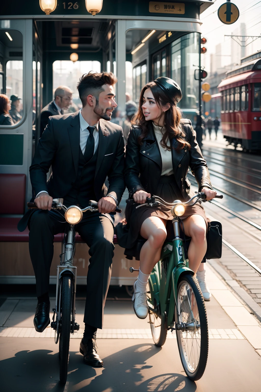Couple riding a two-wheeled tram with exquisite faces