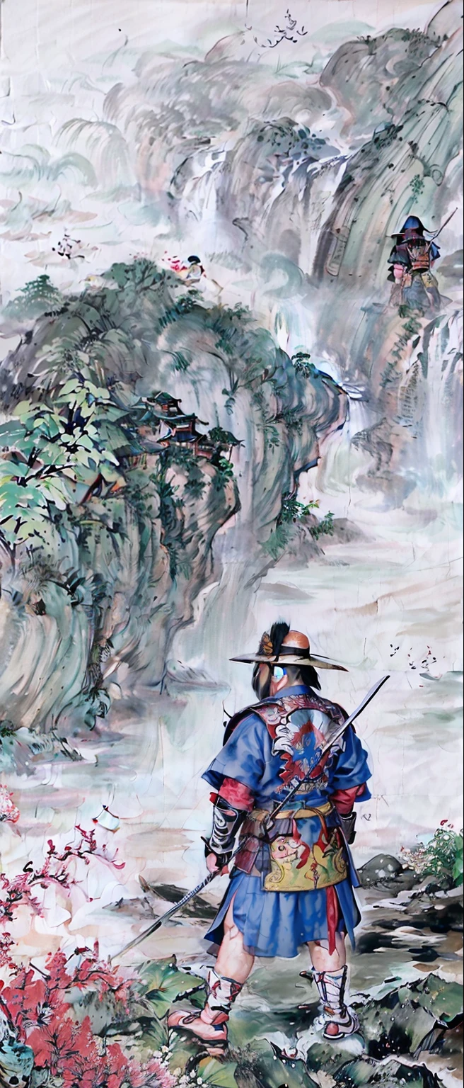 ((4k, obra-prima, melhor qualidade)), Shuimobysim, pintura a tinta tradicional, 1homem, sozinho, samurai shogun, standingn, feet in the water,