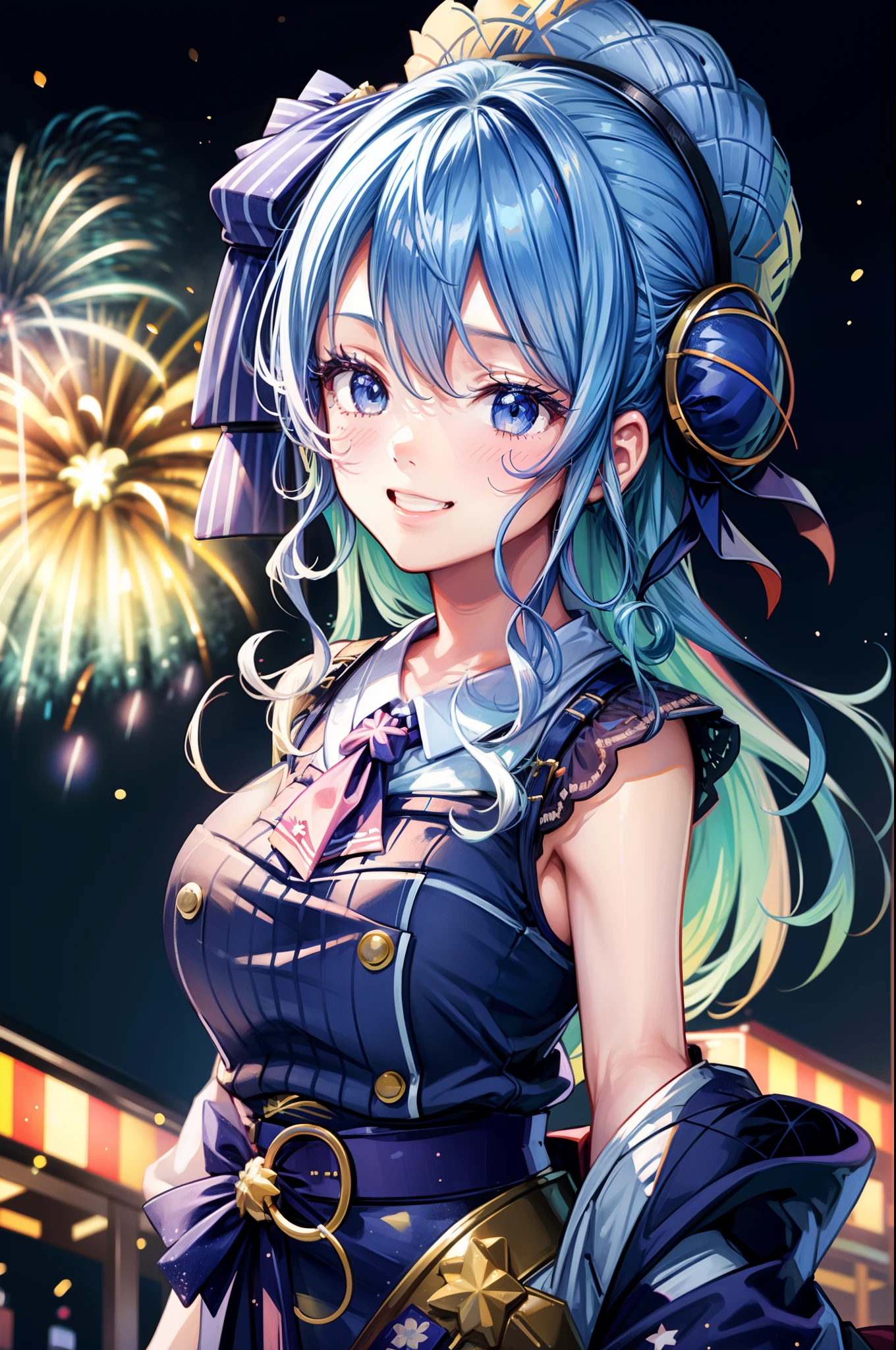 1girl, solo, summer, fireworks, fireworks festival, kyoto, delicate face, look up, blush, grin, blue floral yukata, geta, hand on chest, large breast