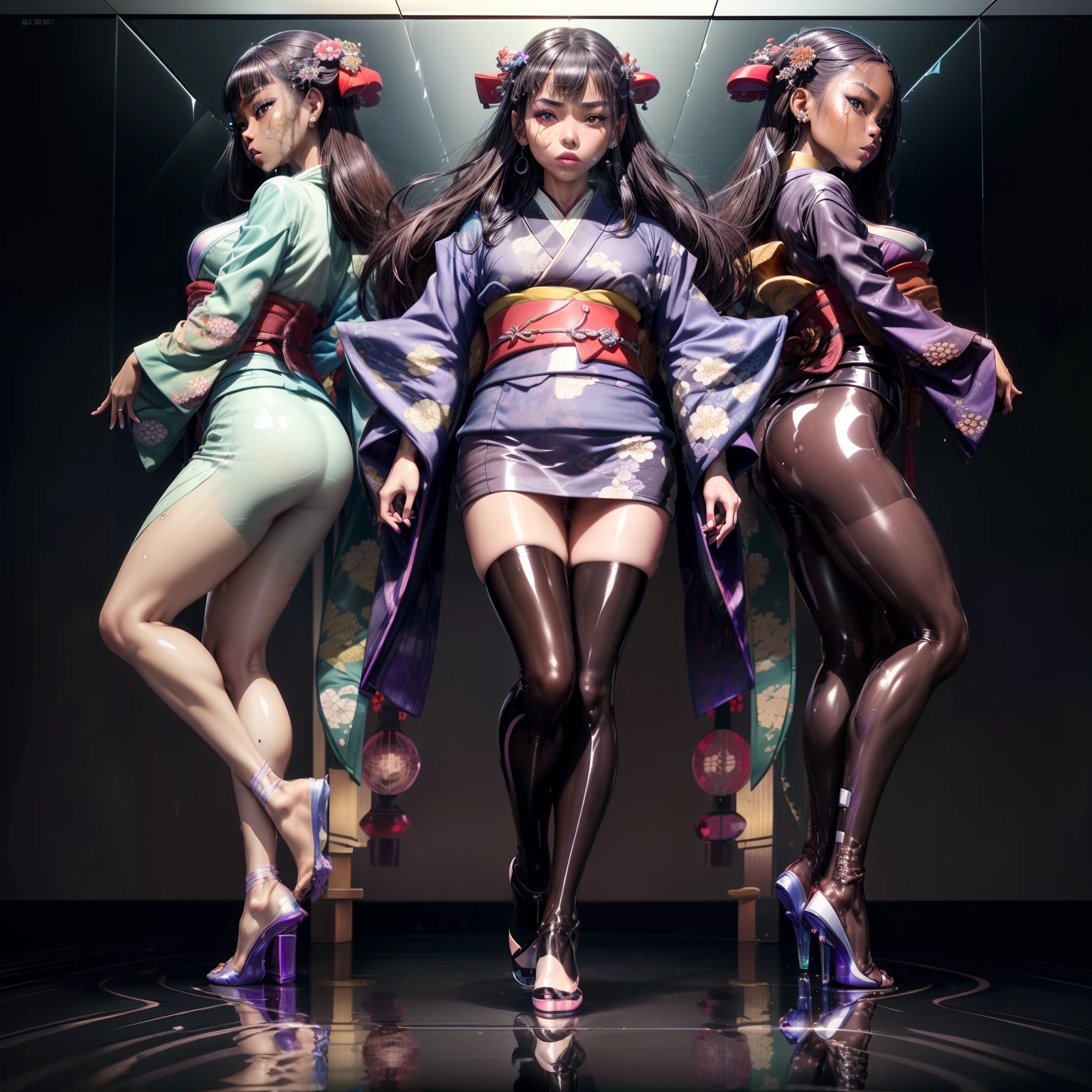 Splitting characters is prohibited,(Full body shot:2),(1girll:1.5), Must show your face, (anatomy correct:1.3), (Dance on top of a mountain:1.2),The breath of nature, (Japan kimono:1.5),(Polished pointed toe heels:1.2),(lacepantyhose:2), Keep your feet off the ground,(In pink|amarelo|blue colors|green color|red colour|white colors|black in color|purpleish color|greys|Beige|Flesh-colored),(Accurate and perfect face:1.3),(Skin reflection:2),(gloss on the skin:2),A shallow laugh, (Complex and diverse backgrounds:2),Strangling effect,hyper HD, Ray traching, reflective light,structurally correct, Award-Awarded, high detal, lightand shade contrast, Face lighting,cinmatic lighting, tmasterpiece, super detailing, high high quality, high detal, best qualityer, 16k