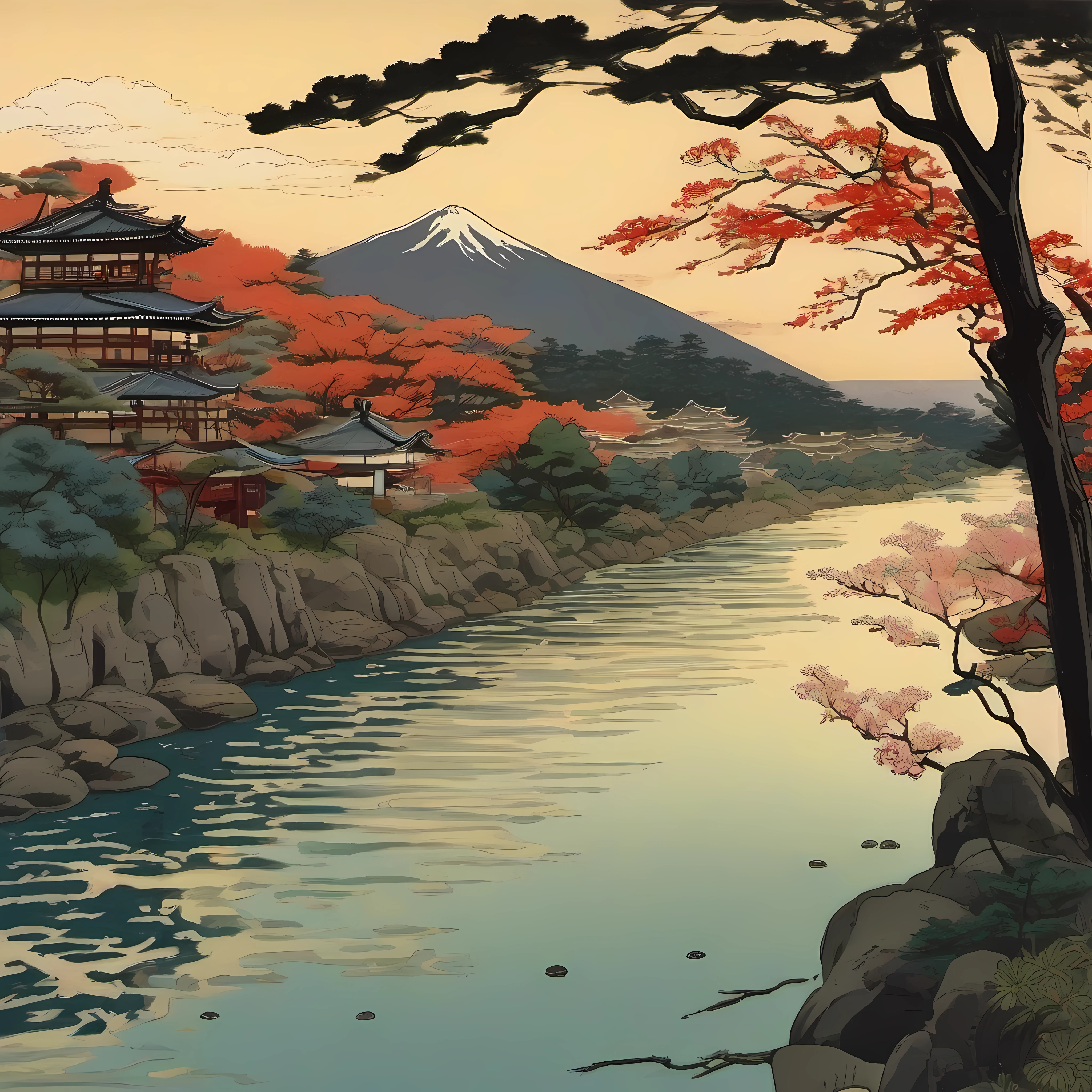 Ukiyo-e river. beautiful light.