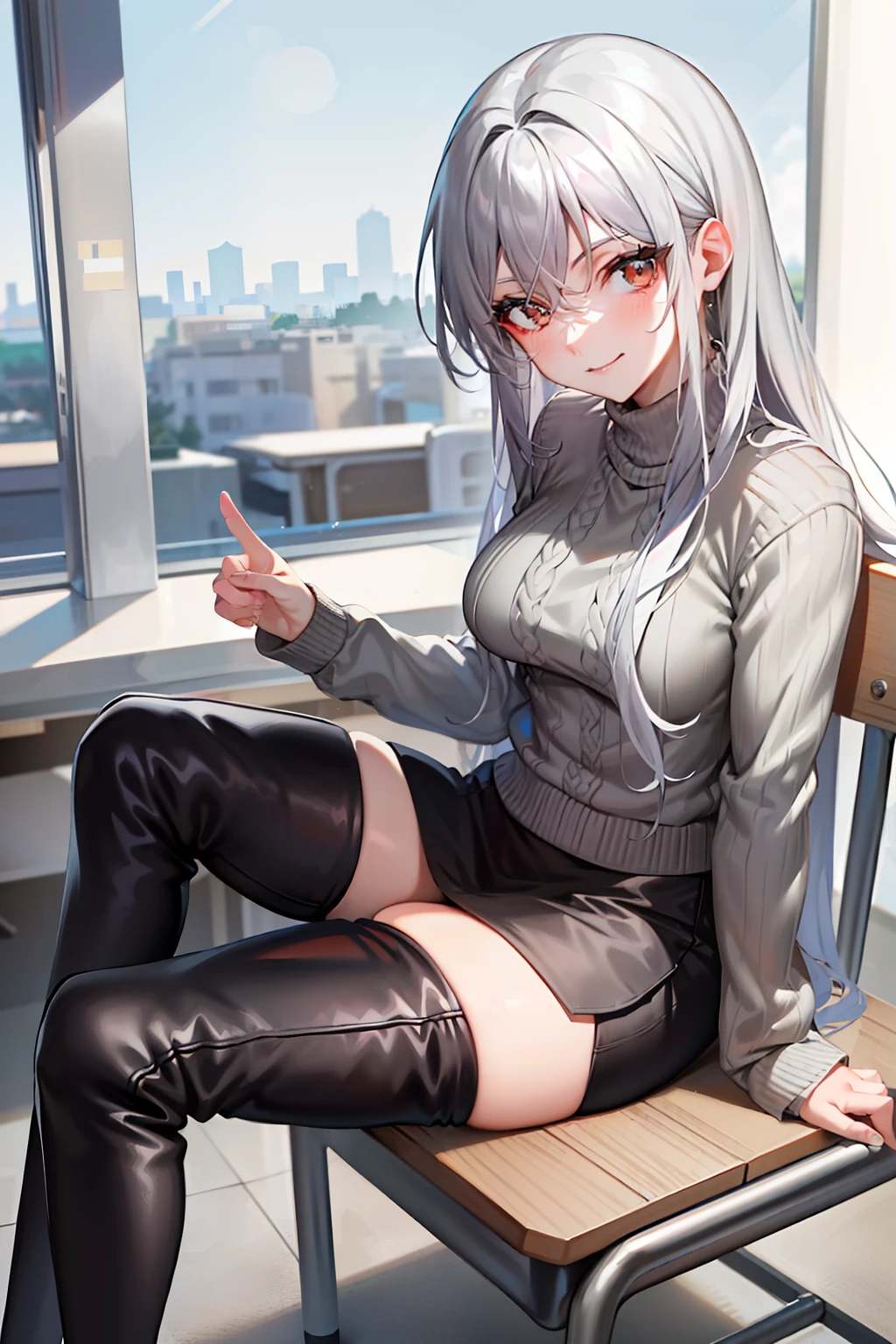 (tmasterpiece，high high quality，light grey sweater，stare，thigh boots，whaite hair，ssmile，sit on chair，Absolute realm，‎Classroom，Sitting，Crossed legs，low head)