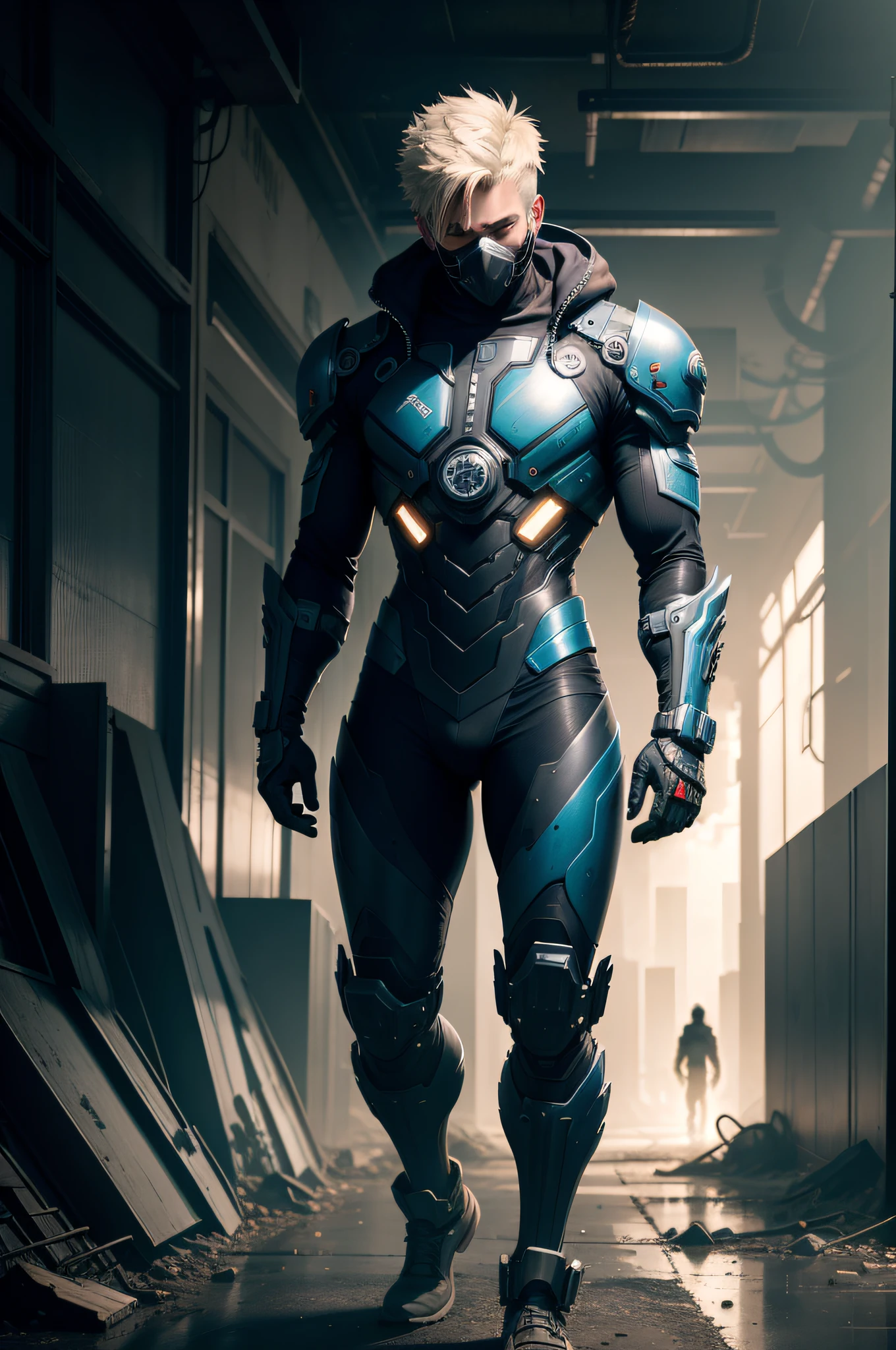 homem cyber punk , Mechanical clothing, destroyed scenery, corpo torneado, tecnologia, corpo inteiro