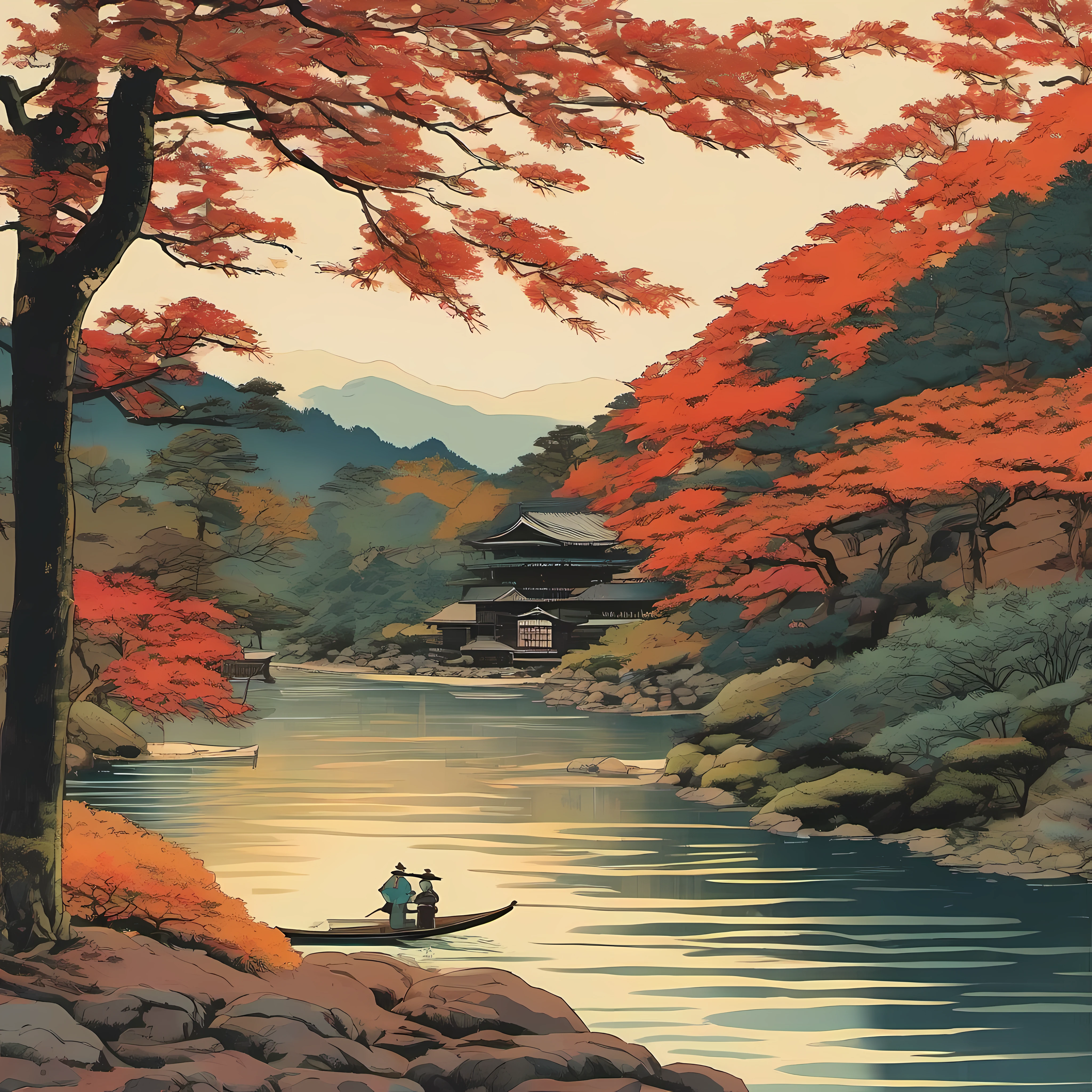 Ukiyo-e river. beautiful light.