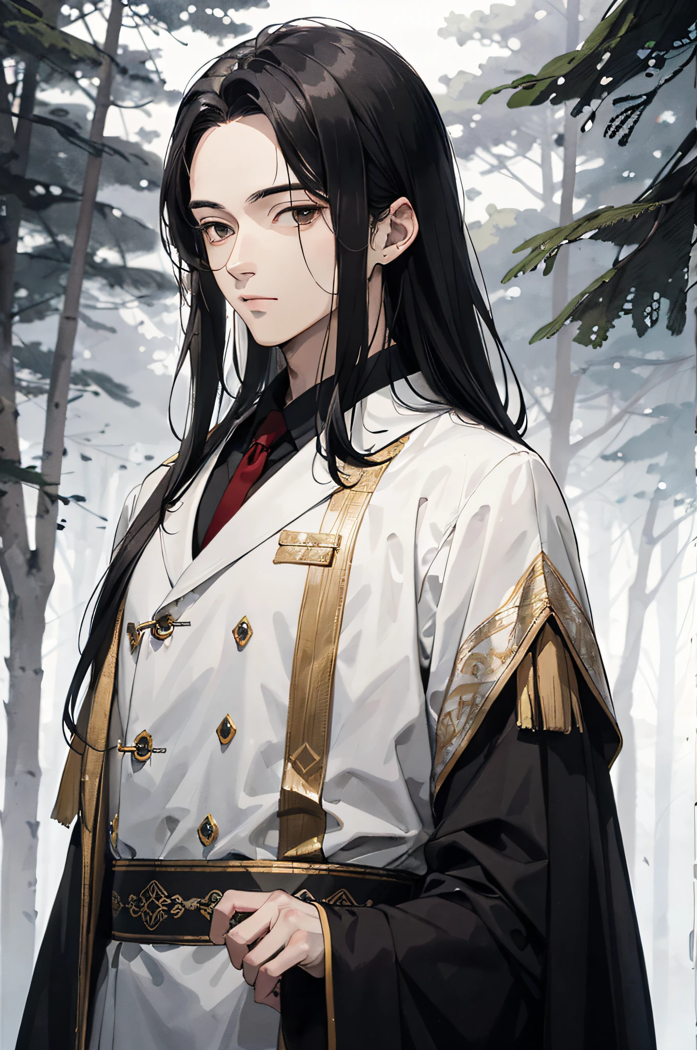 Absurd, High definition, Super detailed, Texture details, clear presentation, HD details, detail performance, Fine details, Clear face, Fix accurately, ((cabelos preto e longos))、long whitr hair、18-year-old man, Handsome, Tall,Soft smile、Slightly muscular,(Clear eyeballs), (1 person: 1.3), handpainted, Simple lines, (An 18-year-old man wearing a white Chinese suit), foggy forest、The upper part of the body
