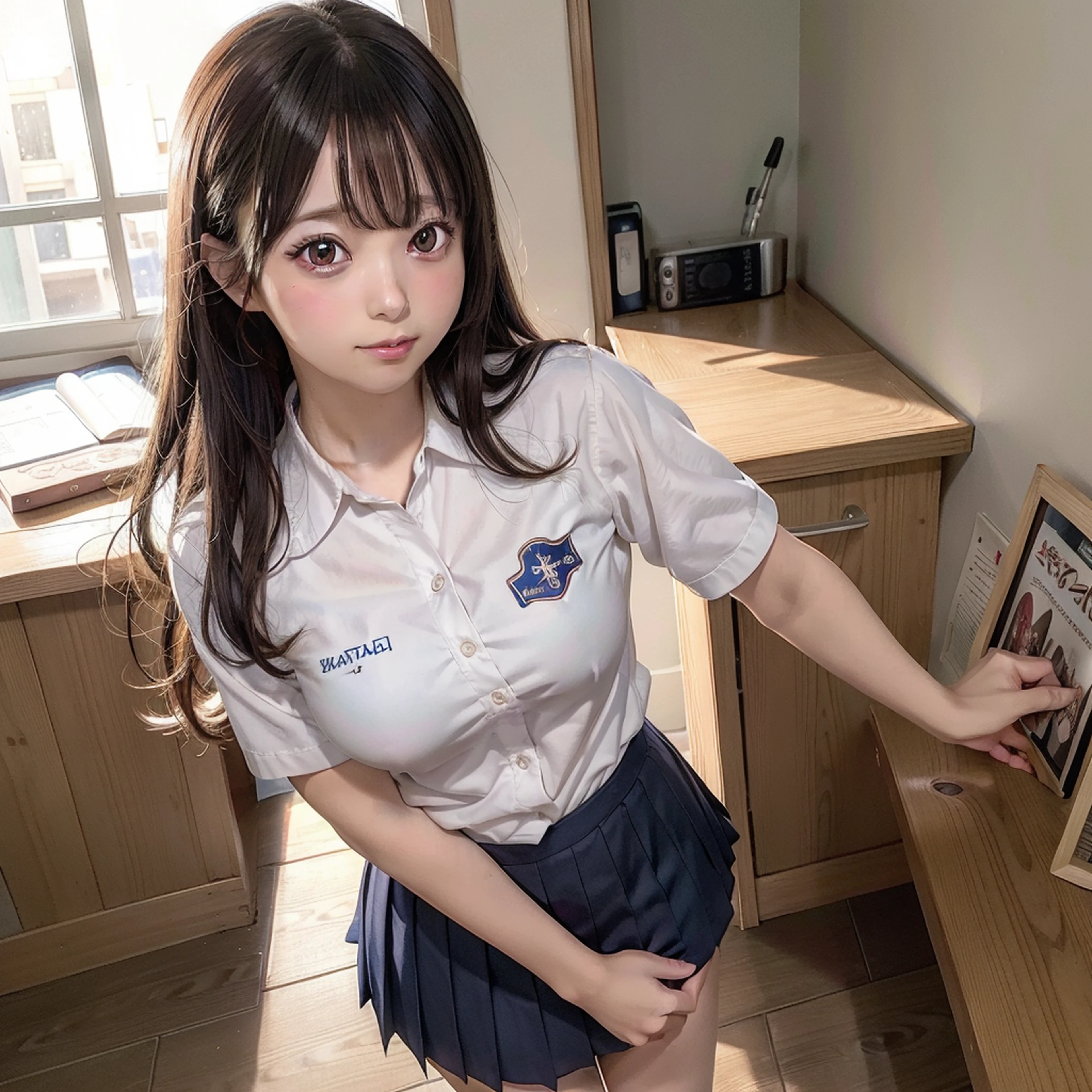 Anime girl in uniform standing in room, nagatoro, magical school student uniform, Realistic Schoolgirl, beautiful anime high school girl, shikamimi, realistic anime 3 d style, Smooth Anime CG Art, anime moe art style, visual novel cg, iwakura lain, Ecchi anime style, Anime visuals of cute girls, Hinata Hyuga, melhor qualidade, super detalhado, rosto lindamente detalhado, anatomia completa, 1girl, solo, deep immersion, partial immersion, bolhas, pele brilhante, suor, clouded skies, sbikini, big waves, ilha deserta, peixes koi amarelos,
