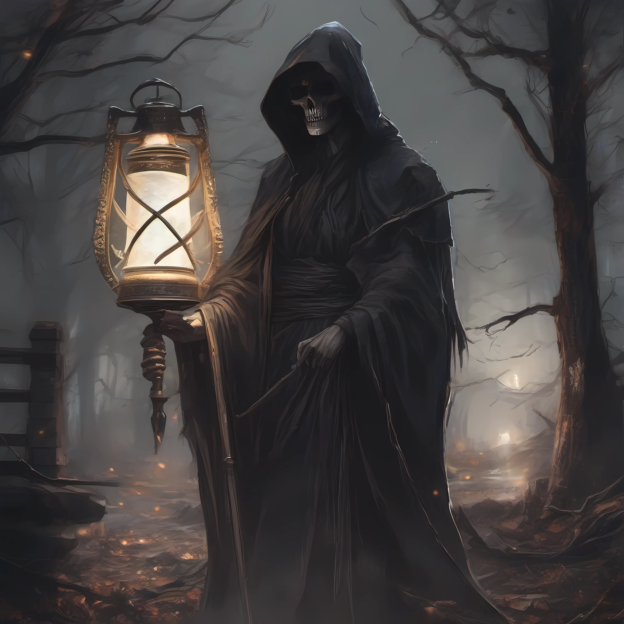 best qualtiy:1.0),(超高分辨率:1.0),(tmasterpiece),Spooky style,Depict a mysterious and terrifying image of the Grim Reaper,Hold a scythe in your left hand,Oil lamp in right hand,His figure was shrouded in shadows,Exudes a disturbing aura,The people around them knelt in horror and begged for mercy,themoon,Dark theme,Brighter,fanciful,Create mystery、Terrifying atmosphere,