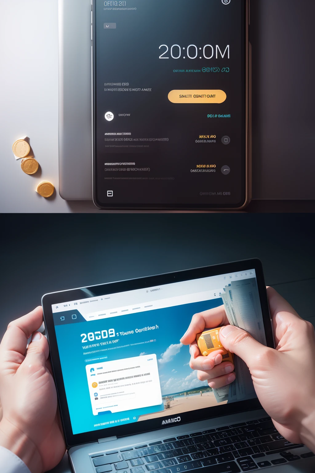 Thumbnail for a YouTube video titled "How To Buy Digital Dollars in 2023 - Step by step guide for Airtm and Binance". The thumbnail depicts an open laptop with the Airtm and Binance logos on the screen, next to a piggy bank overflowing with 100 dollar bills and coins with the USD symbol. The background is a stock chart going up denoting digital currency growth. Written in a bold, white font on the bottom: "Buy Digital Dollars". Made in stunning digital art.