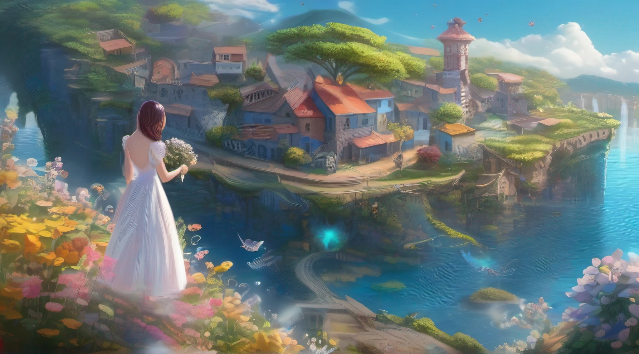 ccurate, best quality, masterpiece, UHD, high details, award winning, (Amazing:1.1), (Surrealism), Conceptual art, Verism, cinematic lighting, panorama, beautiful high school girl, (17 yr old), ((((full body)))), from behind, picking flowers, dance, without looking at me, (((wearing simple school uniform))), black eyes, black hair, floating hair, ((8 life size)), detailed hairstyles, detailed bodyline, anatomically correct, ((she is lost in a surreal world of dreamlike landscapes)), A floating island in the sky, Quiet village with ruins and colorful houses, shallow sea, Horizon, ((beautiful Blue sea)), blue sky, paradise scenery, flowers, wind flow, (((fantasy))), frontier, (magnificent space),