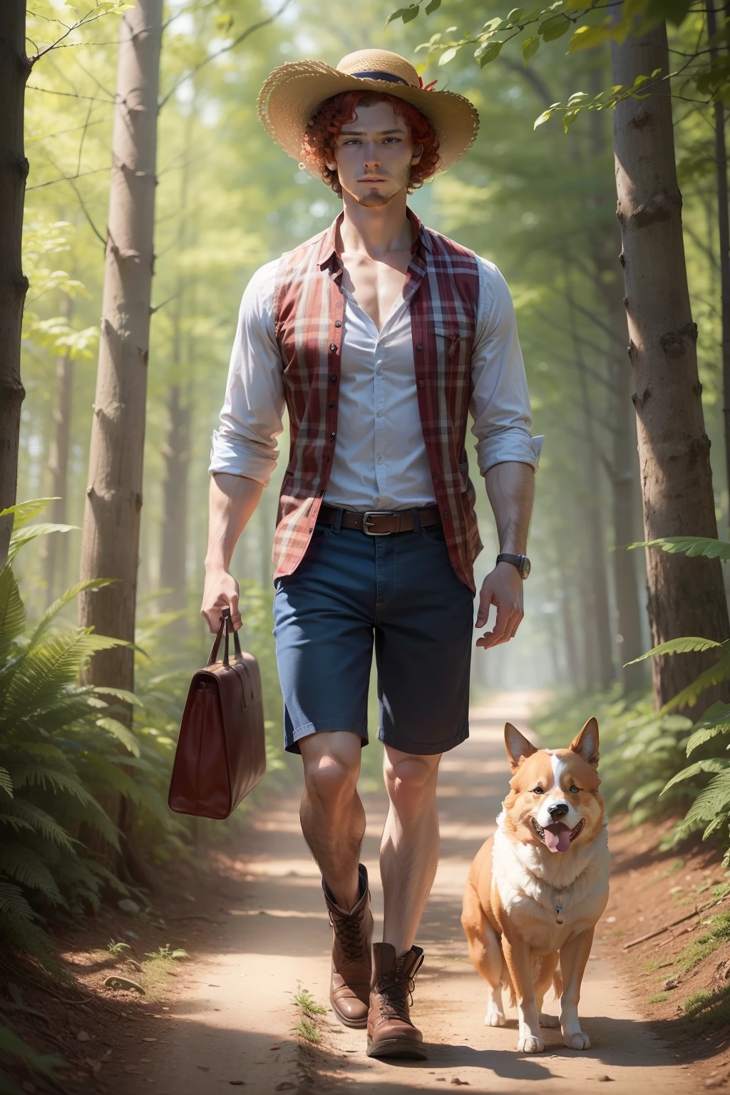 A tall curly-haired red-headed guy is walking through the woods, his blue eyes looking at the viewer, He extends his hand into the screen, imitating that he sees the protagonist.
Next to him is a dog similar to the Pembroke Welsh Corgi breed. Red and white in color.
The guy is dressed in a country shirt and simple shorts of dark blue color.On his head he has a straw hat.He is wearing a pair of boots.