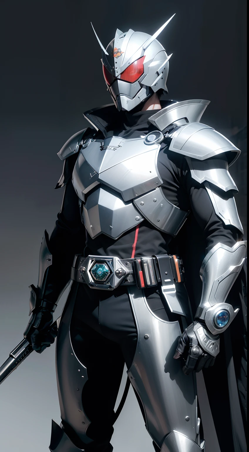 8K、Crisp Contours、Soio、cyberpunked、Near future、Mechanic Hero、Superhero、Hero Suit、tokusatsu hero、Kamen Rider、rifle、Heisei Rider、Reiwa Rider、Transformation Belt、The makeover belt has a card insert.、Kamen Rider transforming with cards、Mechanic helmet、Mechanical Armor、Stylish、action、full body Esbian、From head to toe、Make your makeover belt stand out、Possession of the cardholder、Pose with card、Large compound eyes、Two tactile sensations、Jagged jaw parts、full face helmet、Eyes and belt shine、Kamen Rider cards scattered in the background、The motif is grasshopper、Silver metallic、The sheen、Plating、silver、knight、armor、Digital Armor、Holding a Kamen Rider card in your hand。