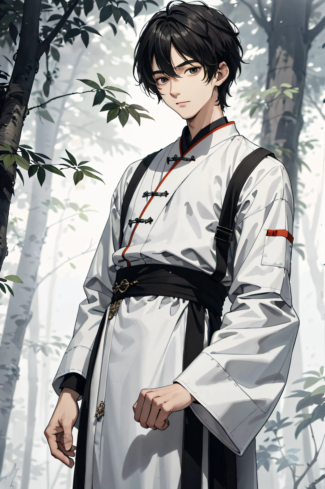 Absurd, High definition, Super detailed, Texture details, clear presentation, HD details, detail performance, Fine details, Clear face, Fix accurately, ((cabelos preto e longos))、long whitr hair、18-year-old man, Handsome, Tall,Soft smile、Slightly muscular,(Clear eyeballs), (1 person: 1.3), handpainted, Simple lines, (An 18-year-old man wearing a white Chinese suit), foggy forest、The upper part of the body