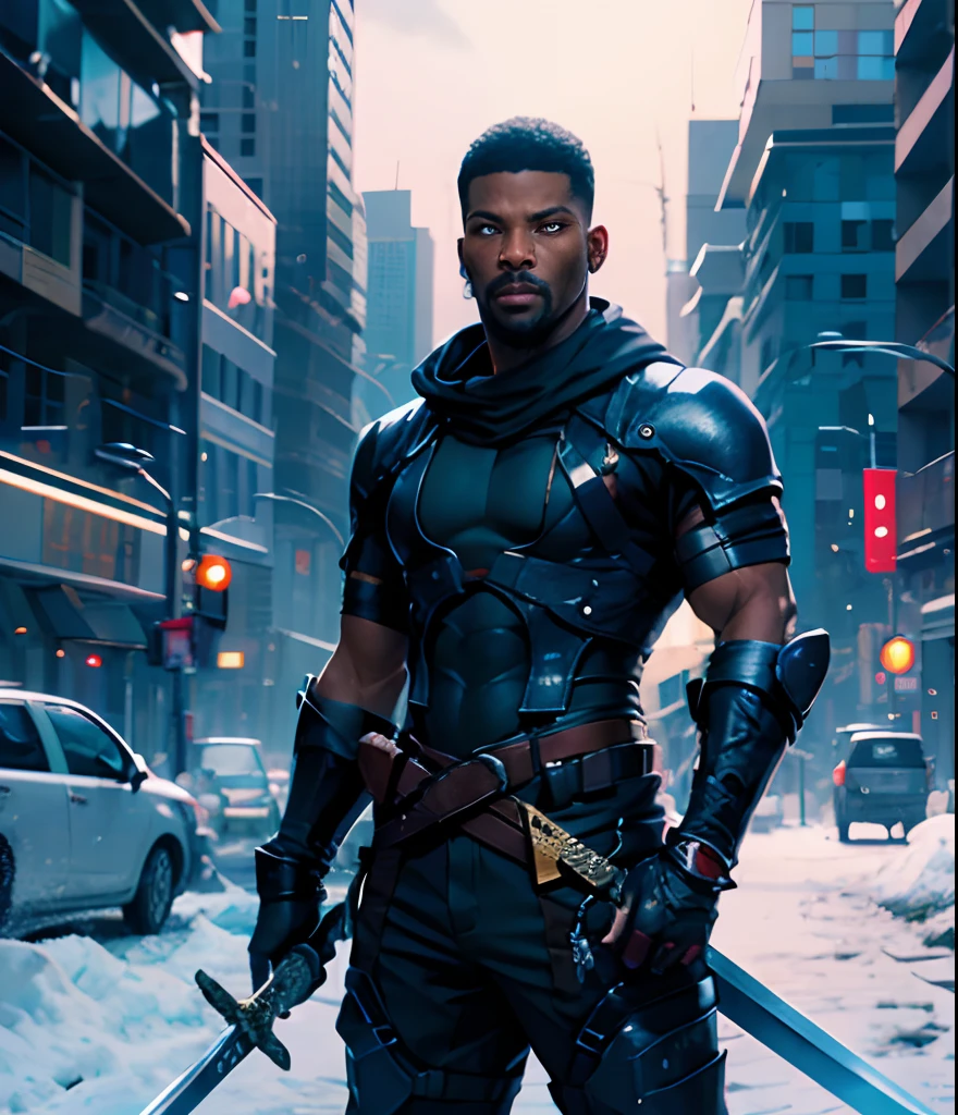 Black mercenary with a sword with a black sweatshirt