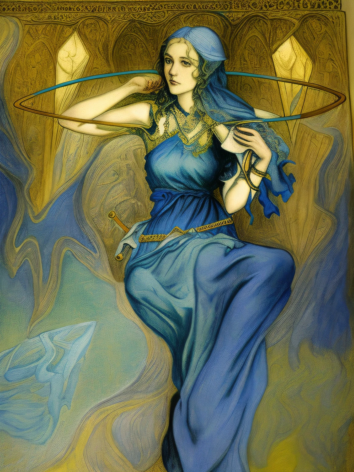 Drawing of a woman in a blue dress holding a hula hoop, inspirado em Philipp Veit, desenho colorido, inspirado em Evelyn De Morgan, desenho colorido, inspirado em Rebecca Guay, fantasia colorir, Fae Sacerdotisa, inspirado em Carlos Schwabe, desenho de fantasia, desenho colorido, inspirado por Jan Toorop, Sacerdotisa elfa
