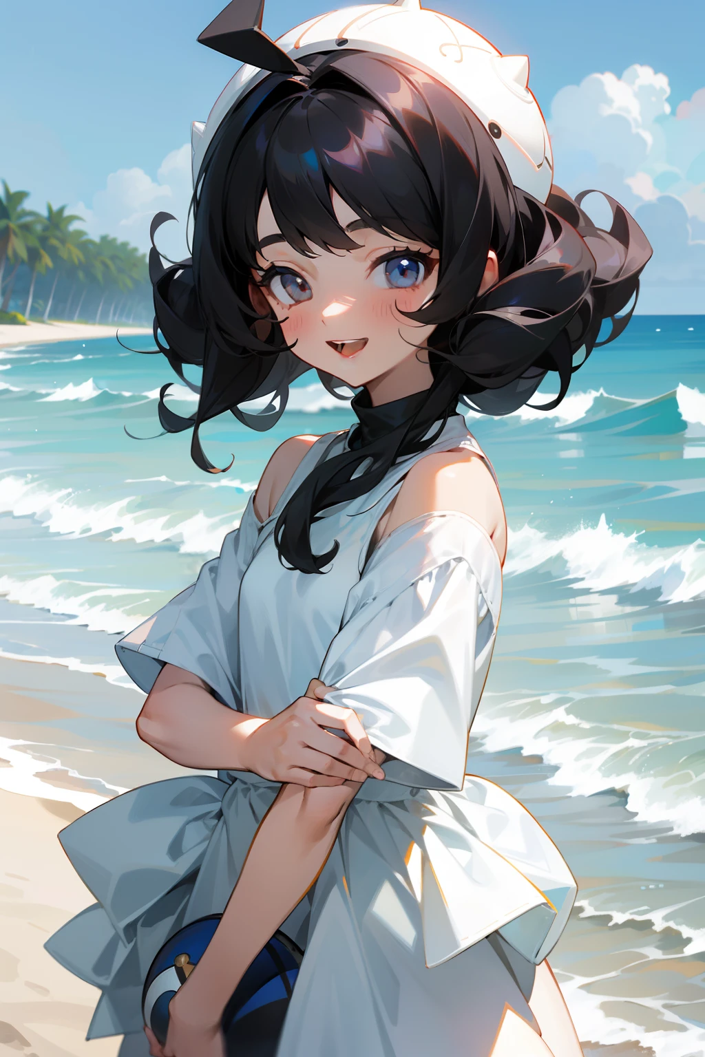 tmasterpiece,best qualtiy,one-girl,White top,Black hair is slightly curly,Ball head,Laugh happily,beachside