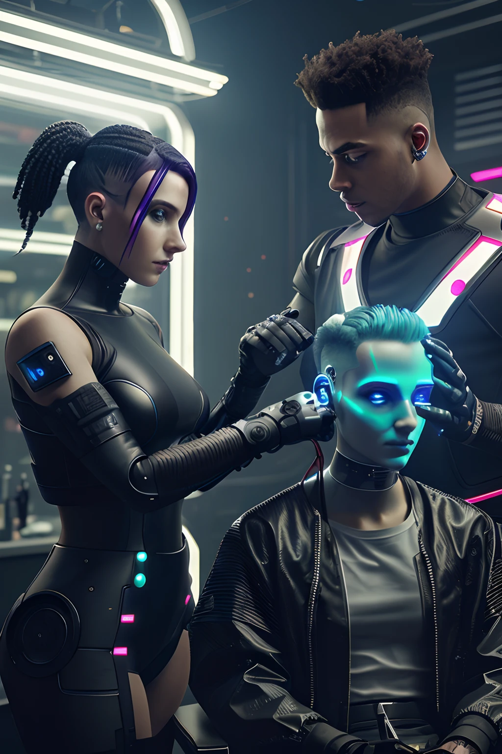 cyberpunk barber with robotic body cutting an alien's hair, behind them is a futuristic barbershop scene behind them with different alien species