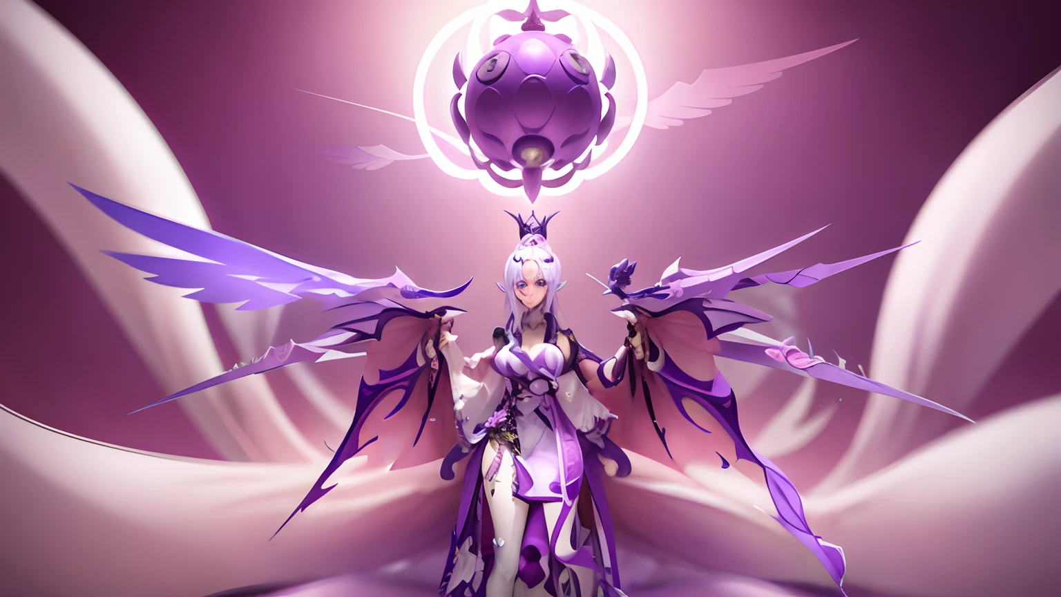Arafed female in a purple and white outfit with wings, Ayaka Genshin Impact, Ayaka Spiel Genshin Impact, Keqing von Genshin Impact, Genshin Impact-Charakter, Genshin, Shalltear Bloodfallen, Genshin Impact-Stil, full body xianxia, Zhongli von Genshin Impact, Shalltear von Overlord