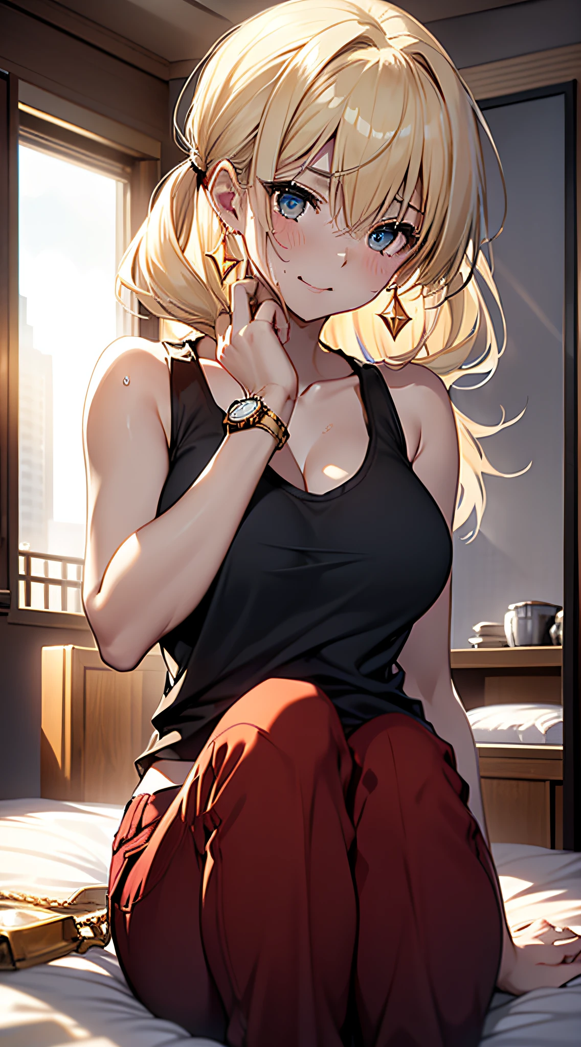 top-quality、top-quality、femele((17 age、Americana、cute little、a blond、poneyTail、Sweating、Black tank top、Red pants、big bast、Bust 95、wonderment、Breasts wide open、Reflecting the whole body、Gold Earrings、wrist watch、A slender、Happiness)),hiquality、depth of fields、Background with((Blue Hotel Room、a bed、laying on back))、