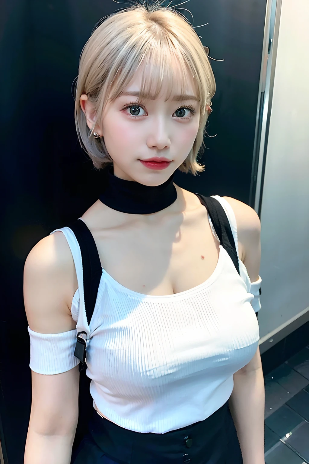 best quality, ultra high res, (photorealistic:1.4), 1girl, off-shoulder white shirt, black tight skirt, black choker, (faded ash gray hair:1), (huge breasts:1.2), looking at viewer, closeup , blonde pixie cut