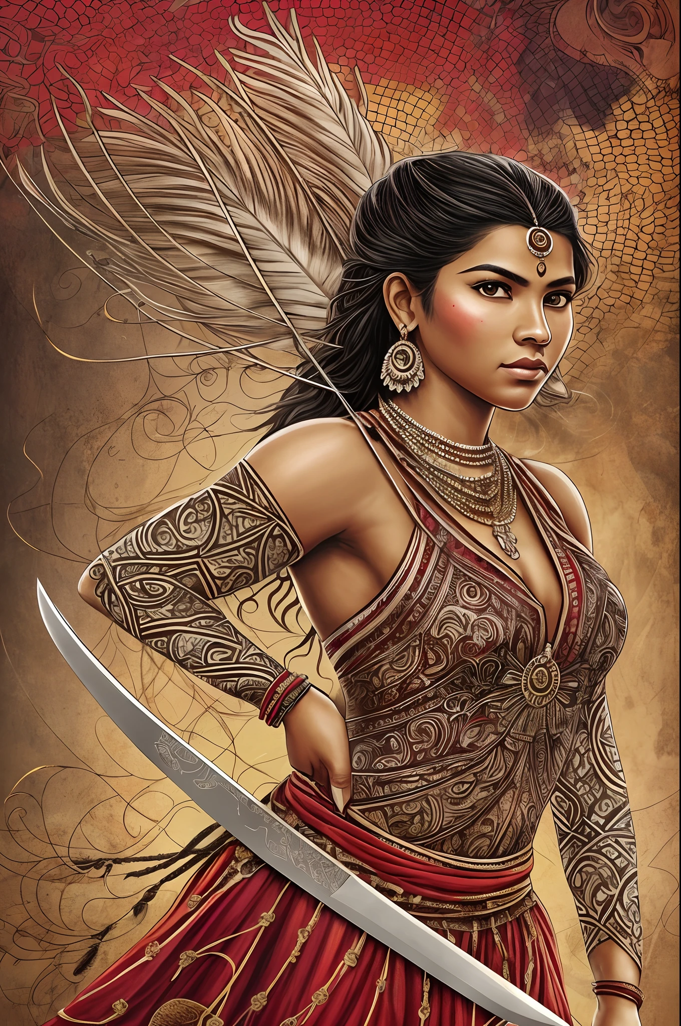 The image depicts an Indian warrior from the Amazon rainforest, ready for combat. Her straight, black hair is cut at shoulder height, so as not to get in the way of her movements. Her tanned skin and almond-shaped eyes glow with courage and attention. Her short cotton dress is dyed red with annatto, the color of blood and life. Their necklaces and bracelets of seeds, feathers and teeth of animals show their connection to nature and their ancestors. His body paintings of geometric shapes, made with jenipapo, represent his strength and his wisdom. In her left hand, she holds a sharp knife, which can cut through the flesh and soul of her enemies. On her back, she carries a bow and arrow, which can hit her targets accurately and quickly. His posture is fearless and confident, as if he knows he is fighting for a just cause. The image exalts its natural beauty and its cultural identity, but also its determination and its bravery., Expressionism, image fill, 8k, anatomically correct --auto --s2