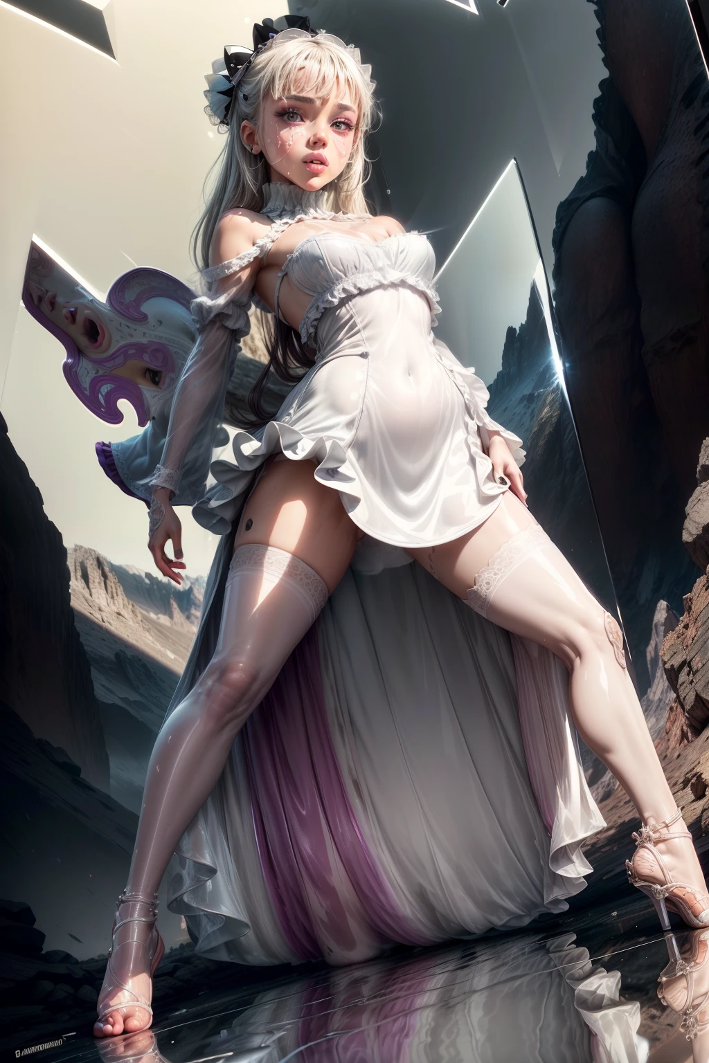 Splitting characters is prohibited,(Full body shot:2),(1girll:1.5), Must show your face, (anatomy correct:1.3), (Dance on top of a mountain:1.9),The breath of nature, (Gorgeous ta long dress:1.5),(Polished pointed toe heels:1.2),(lacepantyhose:1.9), Keep your feet off the ground,(In pink|amarelo|blue colors|green color|red colour|white colors|black in color|purpleish color|greys|Beige|Flesh-colored),(Accurate and perfect face:1.3),(Skin reflection:1.9),(gloss on the skin:1.9),A shallow laugh, (Complex and detailed background:1.9),Strangling effect,hyper HD, Ray traching, reflective light,structurally correct, Award-Awarded, high detal, lightand shade contrast, Face lighting,cinmatic lighting, tmasterpiece, super detailing, high high quality, high detal, best qualityer, 16k