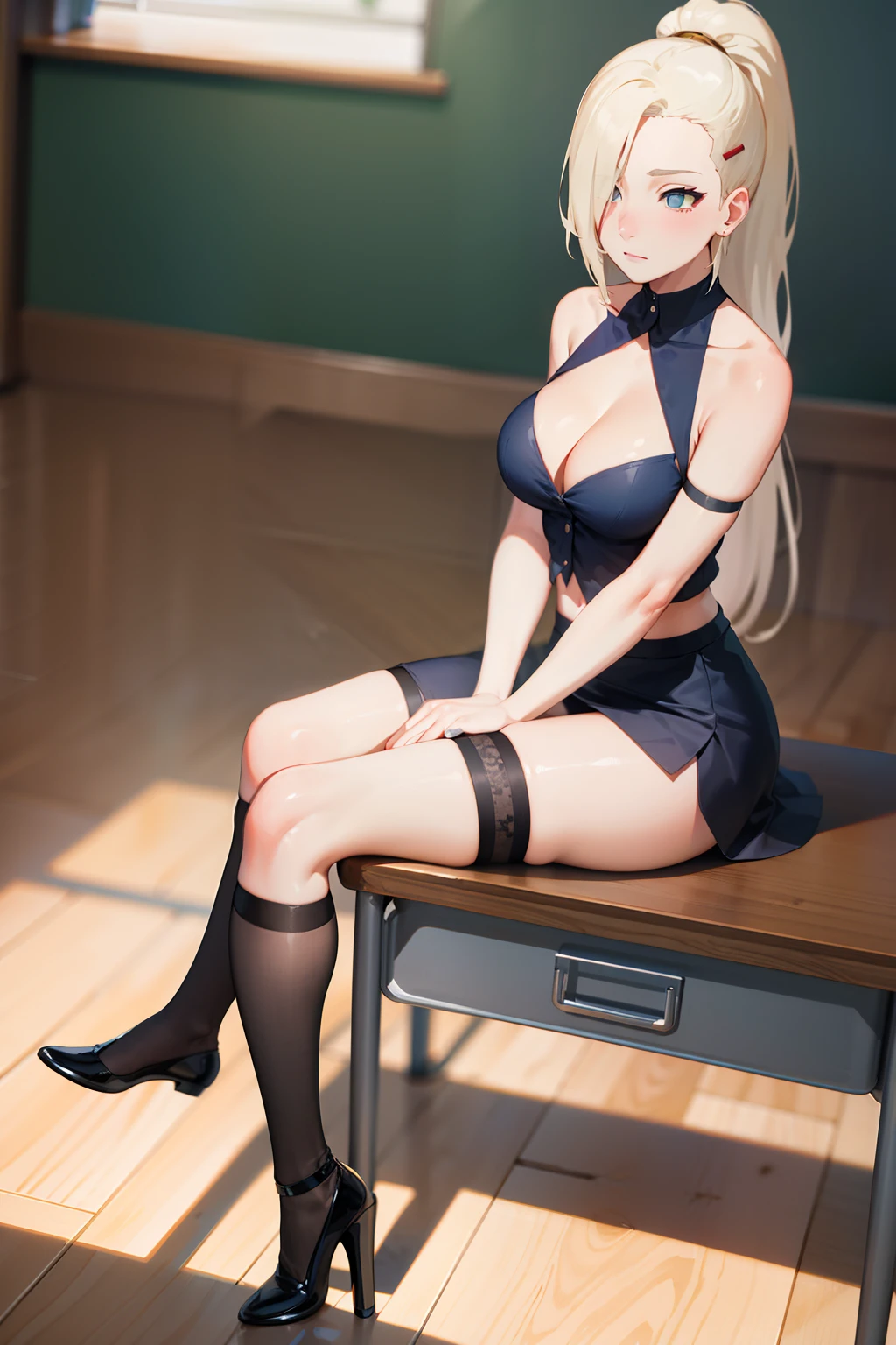 Ino yamanaka, Solo, black lence stockings, sitting on the classroom desk，（（Keep your legs closed，Jirou legs）），Wear miniskirts，shyexpression，down view，Medium chest，Exposed cleavage