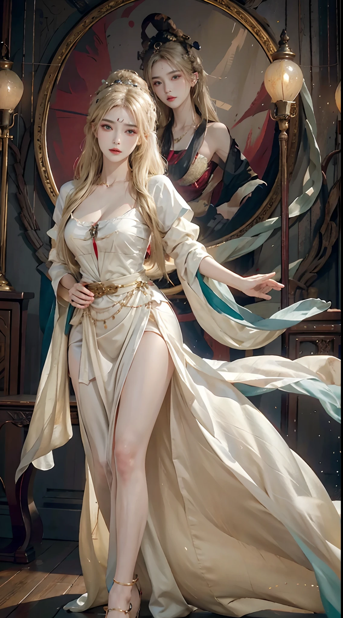photorealistic, high resolution, 1women, solo, hips up, look at viewer, (detailed face), blonde hair, dunhuang_dress, tattoo, jewelry