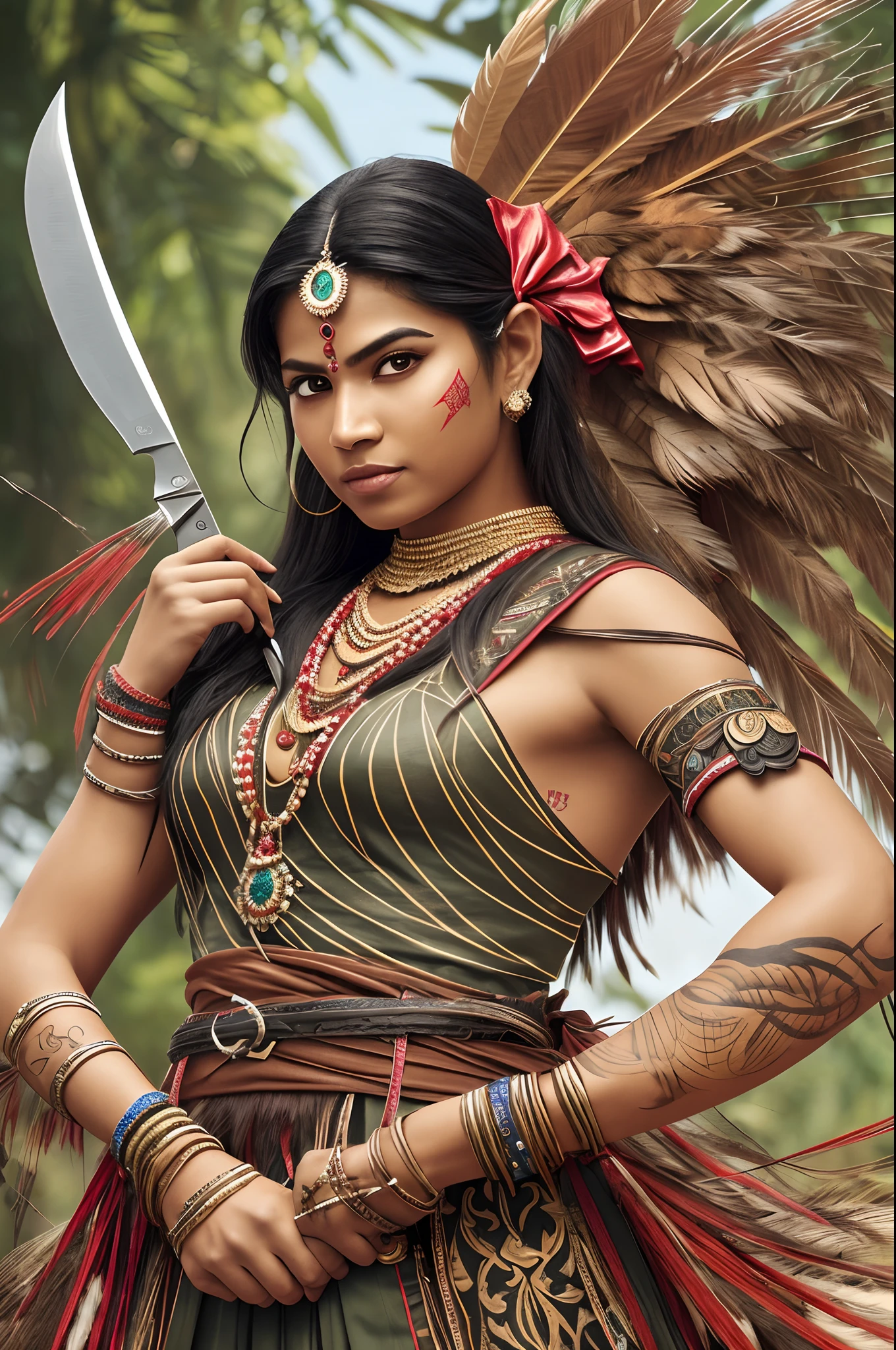 The image depicts an Indian warrior from the Amazon rainforest, ready for combat. Her straight, black hair is cut at shoulder height, so as not to get in the way of her movements. Her tanned skin and almond-shaped eyes glow with courage and attention. Her short cotton dress is dyed red with annatto, the color of blood and life. Their necklaces and bracelets of seeds, feathers and teeth of animals show their connection to nature and their ancestors. His body paintings of geometric shapes, made with jenipapo, represent his strength and his wisdom. In her left hand, she holds a sharp knife, which can cut through the flesh and soul of her enemies. On her back, she carries a bow and arrow, which can hit her targets accurately and quickly. His posture is fearless and confident, as if he knows he is fighting for a just cause. The image exalts its natural beauty and its cultural identity, but also its determination and its bravery., Expressionism, image fill, 8k, anatomically correct --auto --s2